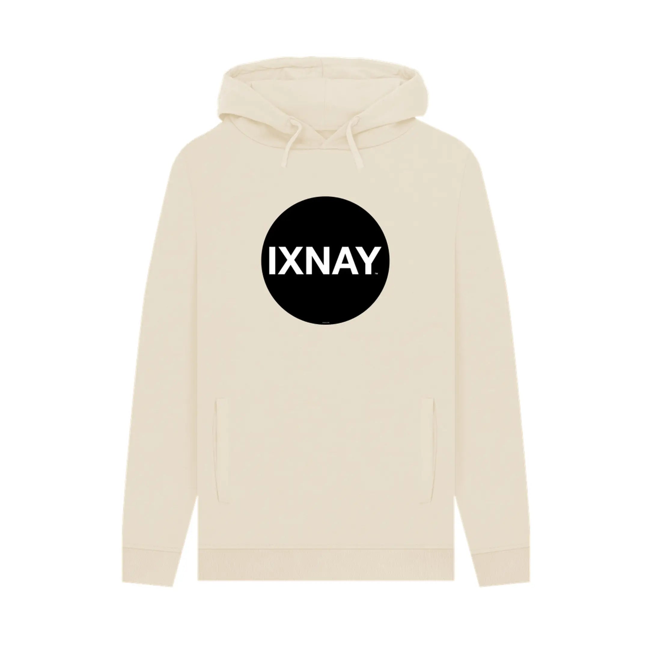 Beige hoodie, 100% organic cotton, with a black circle 'IXNAY' logo on a white background.