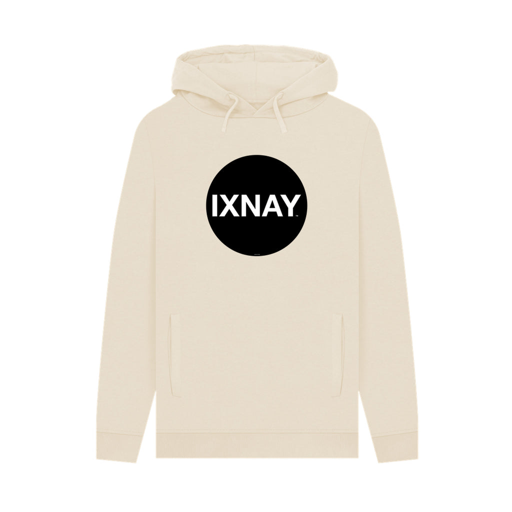 Beige hoodie with a black circle and 'IXNAY' text on a white background