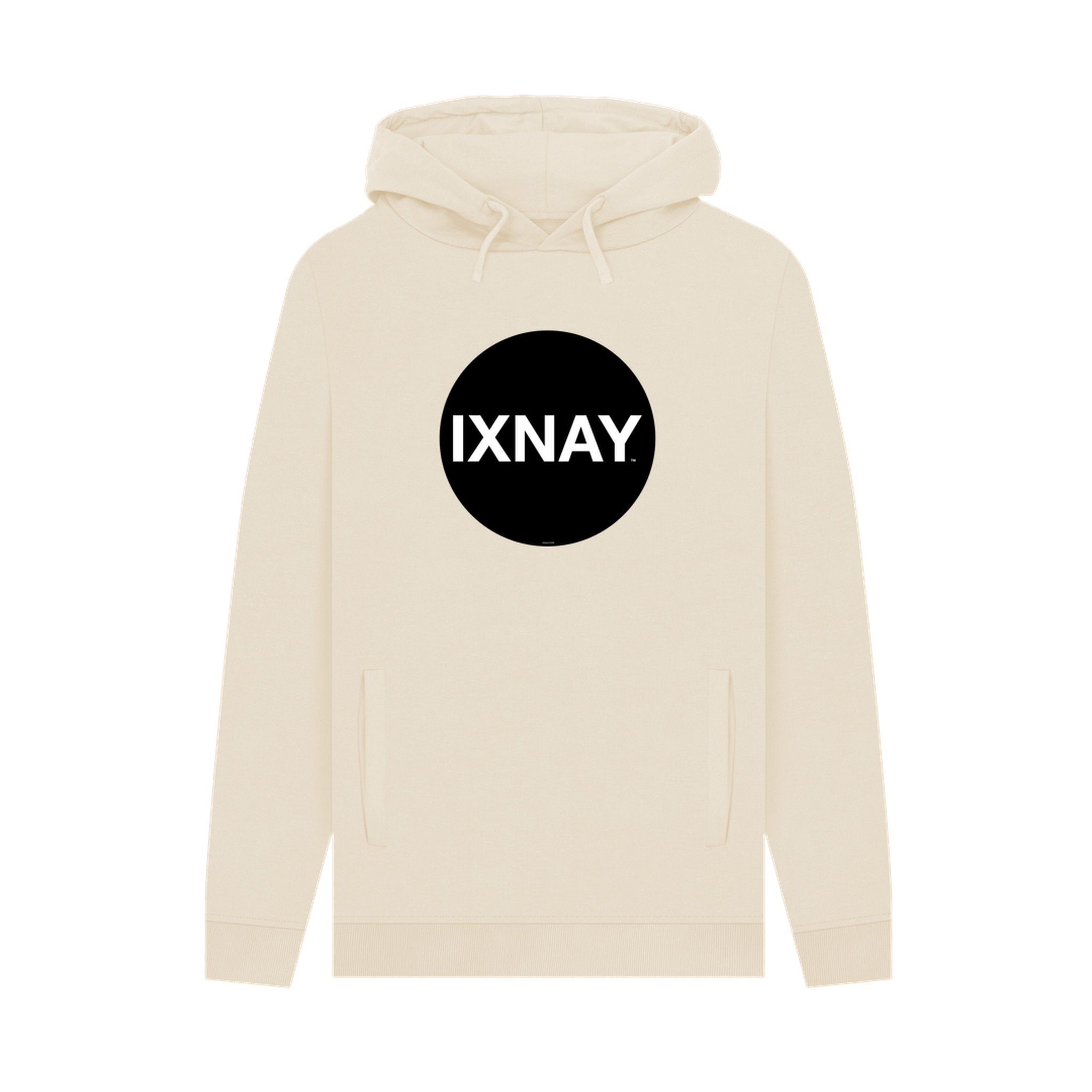 Beige hoodie with a black circle and 'IXNAY' text on a white background