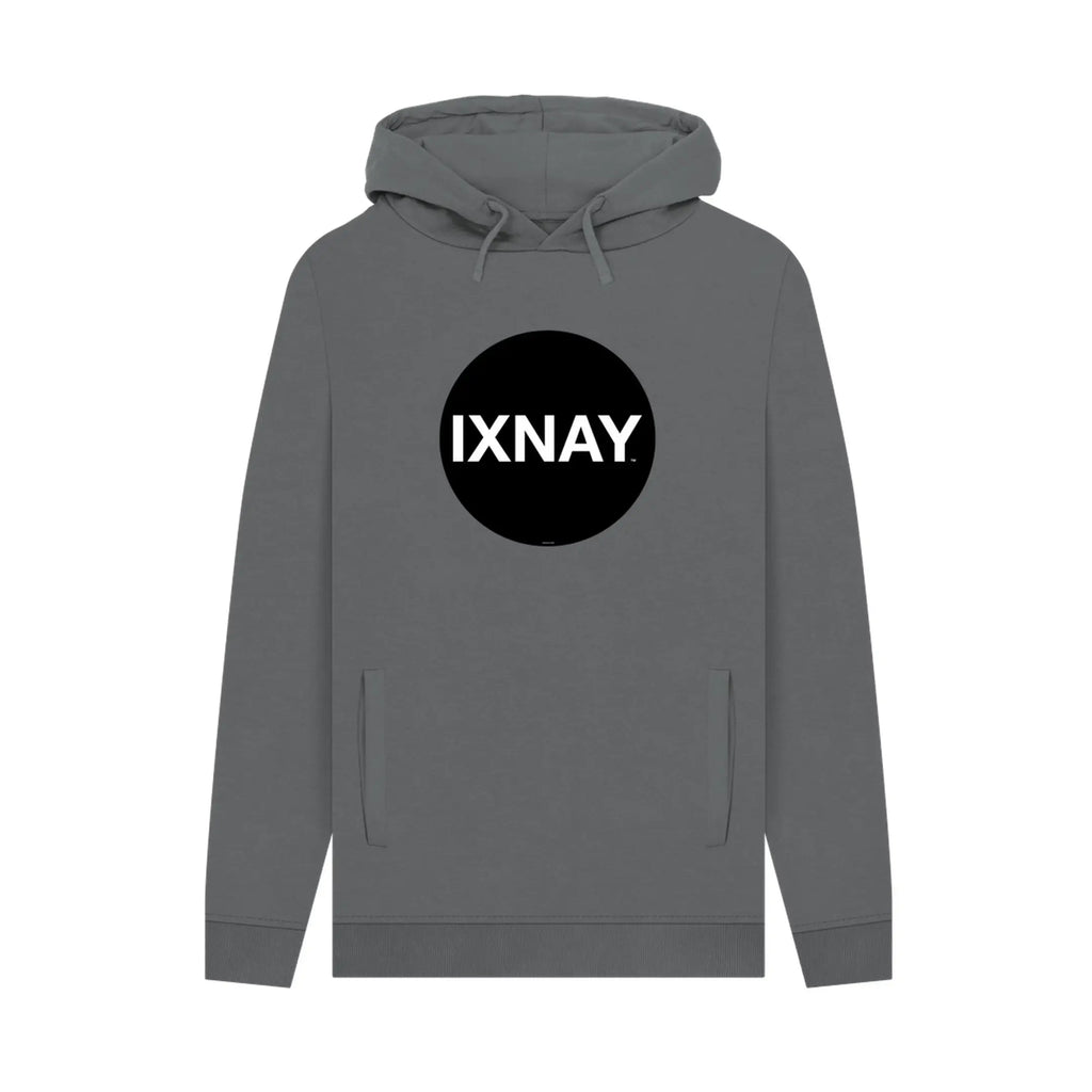 Gray hoodie, 100% organic cotton, with a black circle 'IXNAY' logo on a white background.
