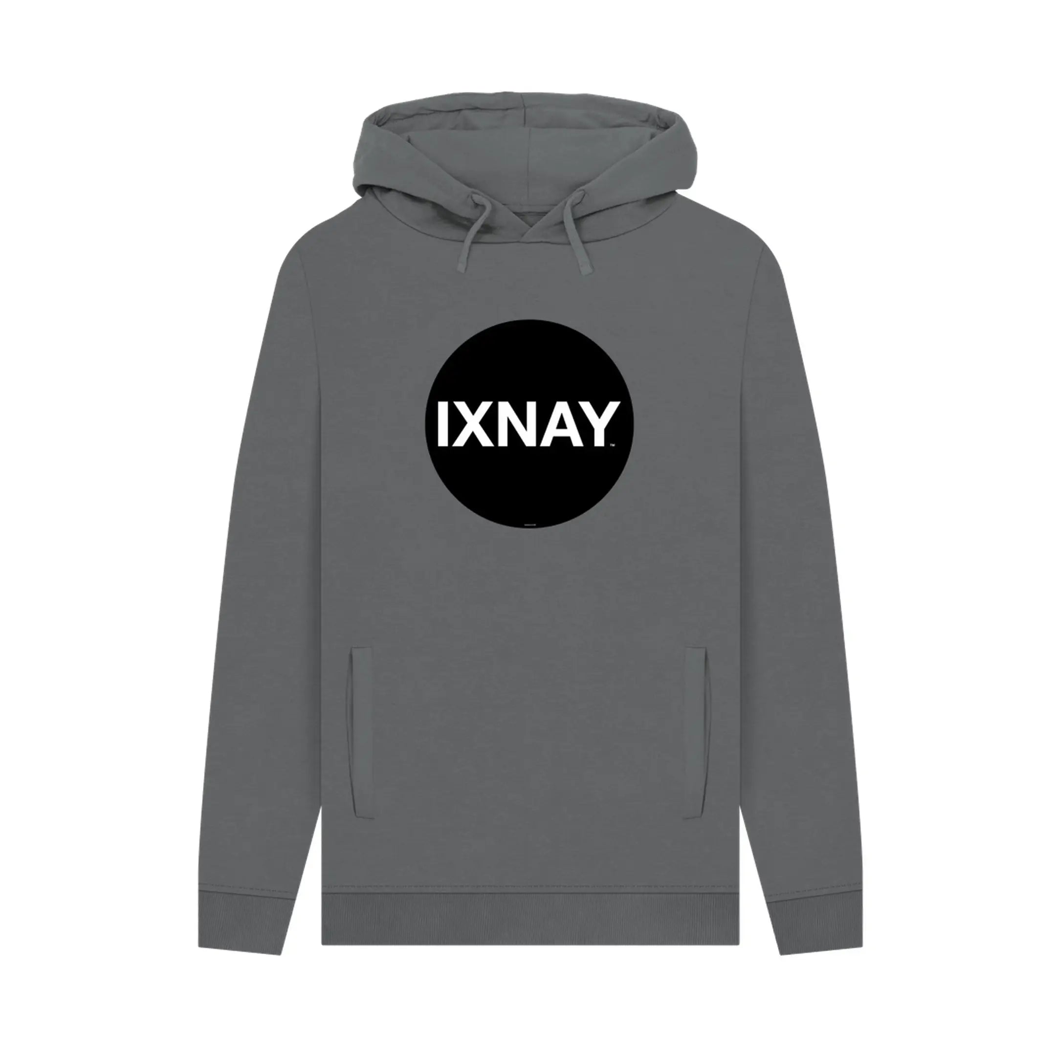 Gray hoodie, 100% organic cotton, with a black circle 'IXNAY' logo on a white background.