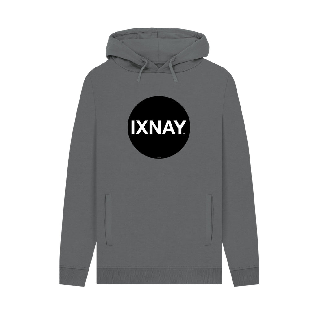 Gray hoodie with a black circle logo featuring 'IXNAY' on a white background