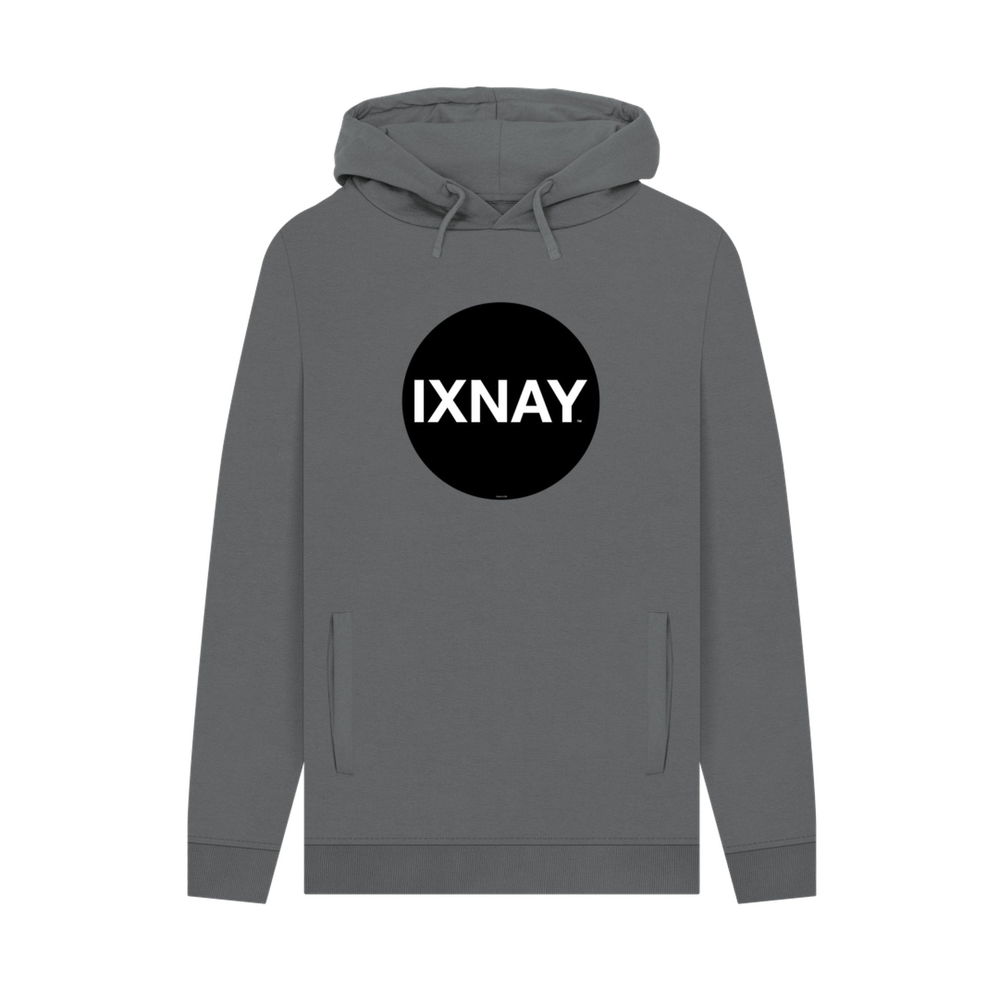 Gray hoodie with a black circle logo featuring 'IXNAY' on a white background