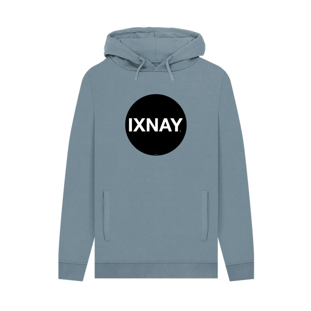 Blue hoodie, 100% organic cotton, with a black circle 'IXNAY' logo on a white background.