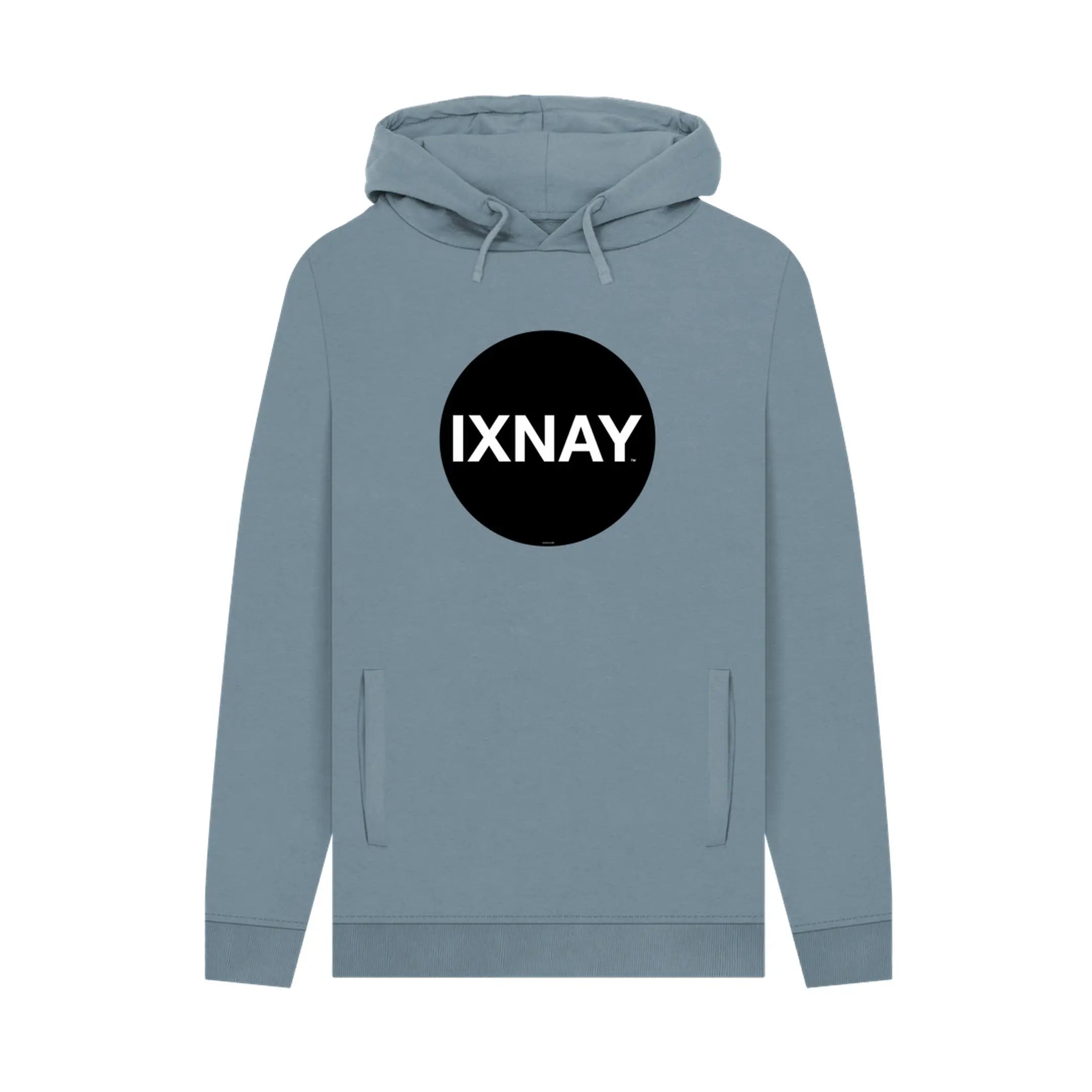 Blue hoodie, 100% organic cotton, with a black circle 'IXNAY' logo on a white background.