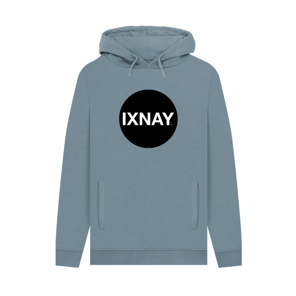 Blue hoodie with a black circle and 'IXNAY' text on a white background