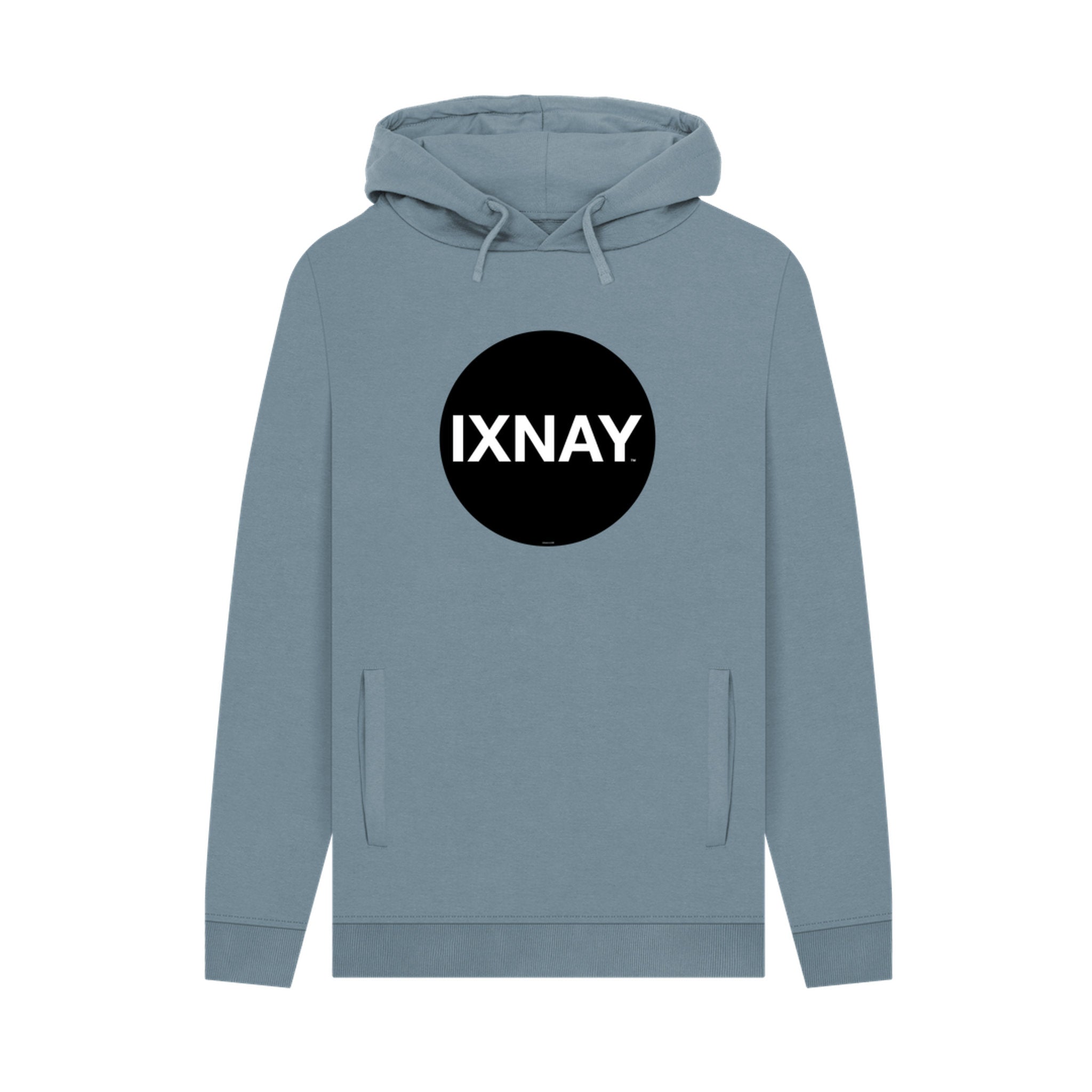 Blue hoodie with a black circle and 'IXNAY' text on a white background