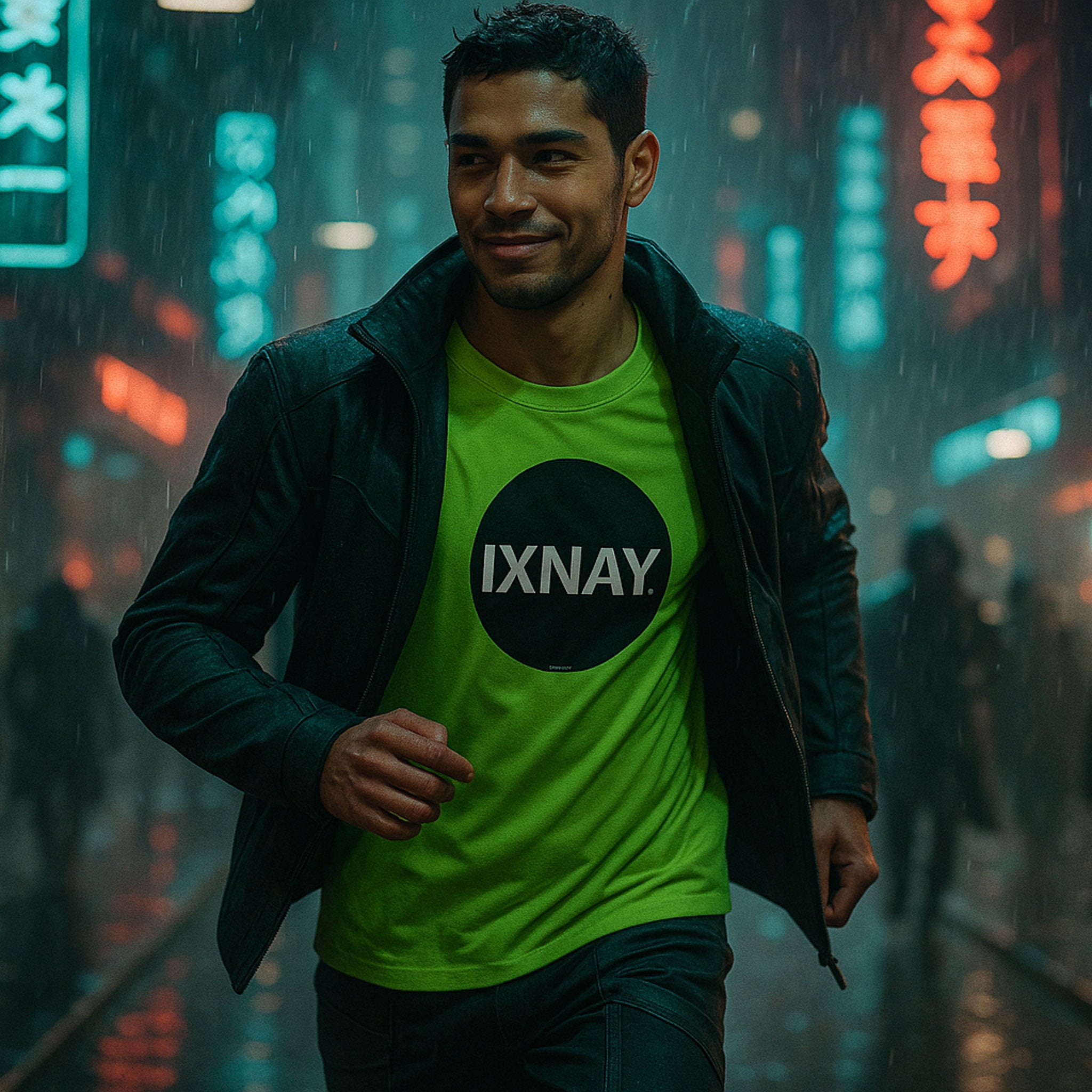 Man wearing a green shirt with 'IXNAY' logo in a neon-lit city street