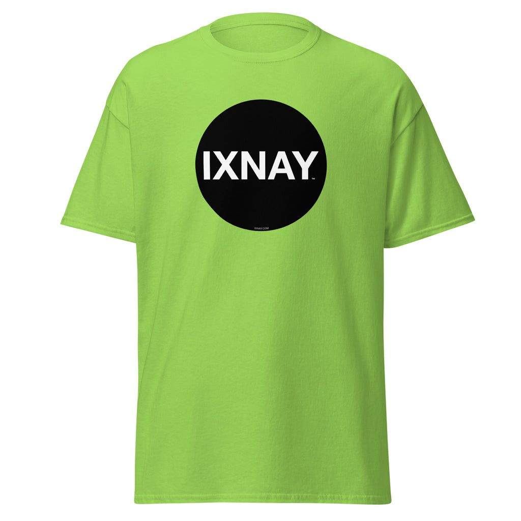 A product shot of a bright green t-shirt in acid lime green, with a circular black logo that has the word 'IXNAY' in white.