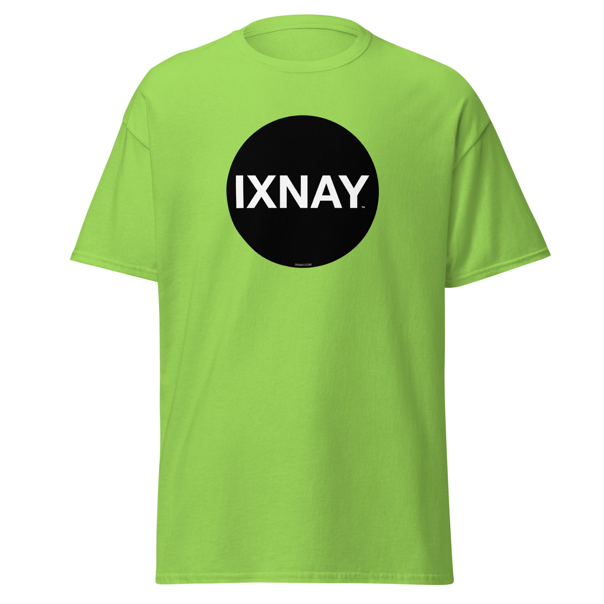 A product shot of a bright green t-shirt in acid lime green, with a circular black logo that has the word 'IXNAY' in white.