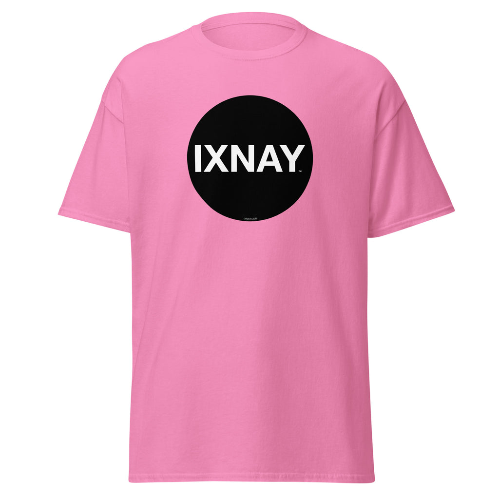 A product shot of a pink t-shirt in azalea pink, with a circular black logo that has the word 'IXNAY' in white.
