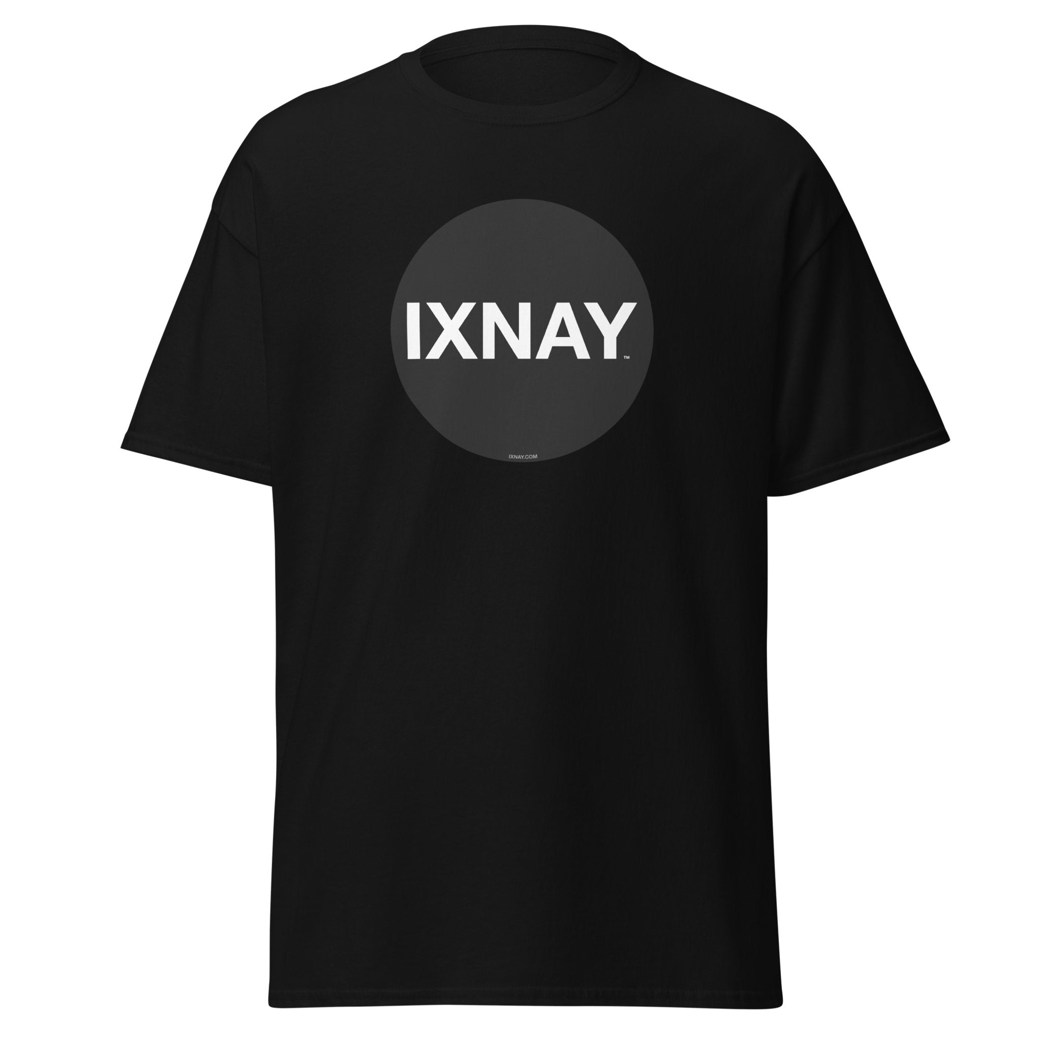 A product shot of a black t-shirt, with a circular black logo that has the word 'IXNAY' in white.