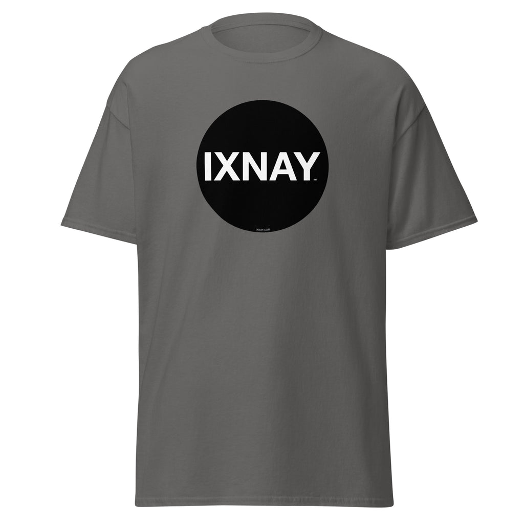 A product shot of a gray t-shirt in charcoal gray, with a circular black logo that has the word 'IXNAY' in white.