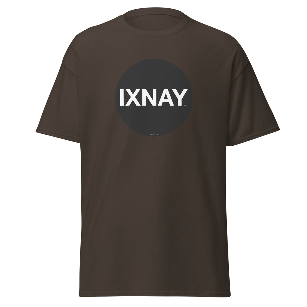 A product shot of a brown t-shirt in dark chocolate brown, with a circular black logo that has the word 'IXNAY' in white.