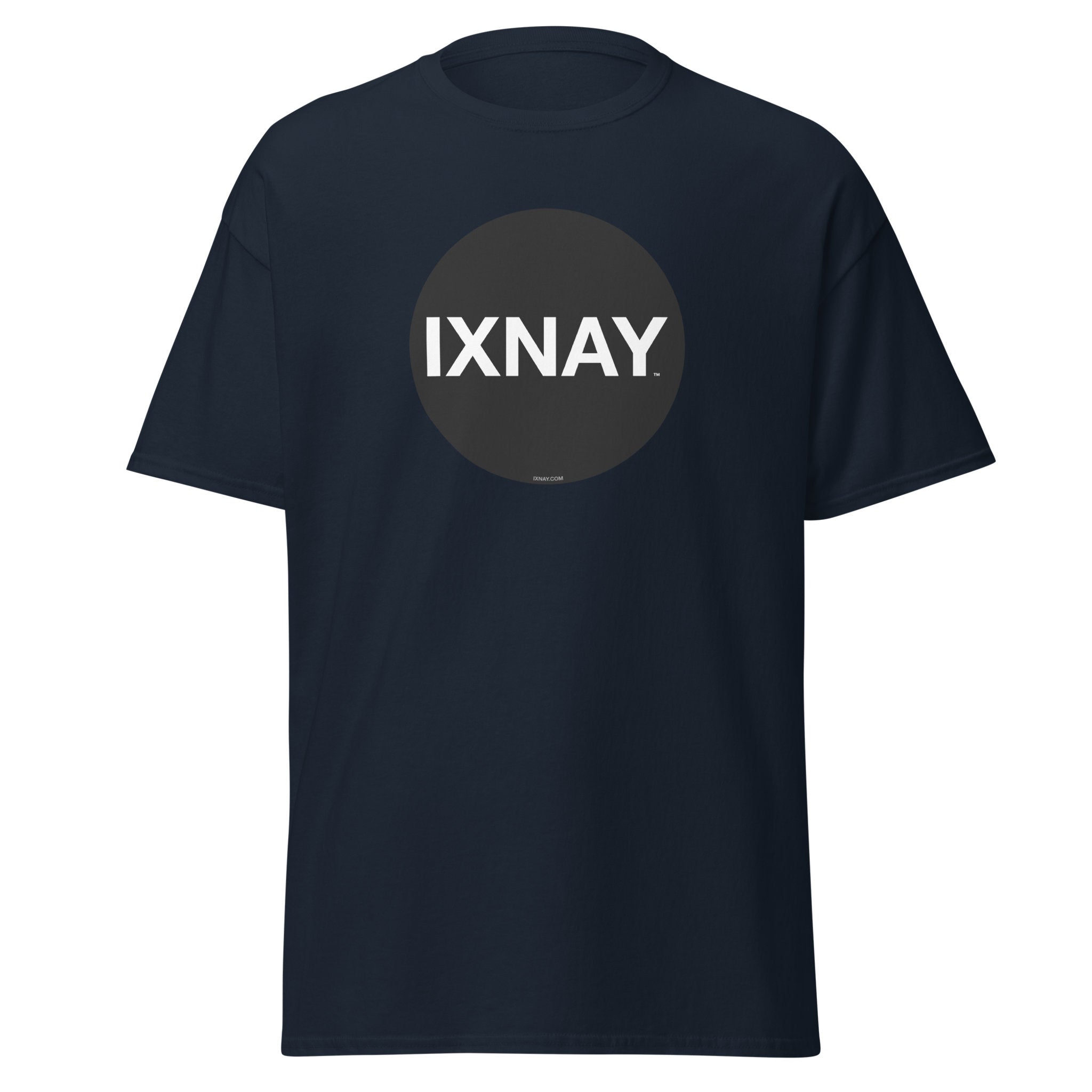 A product shot of a navy t-shirt in navy blue, with a circular black logo that has the word 'IXNAY' in white.