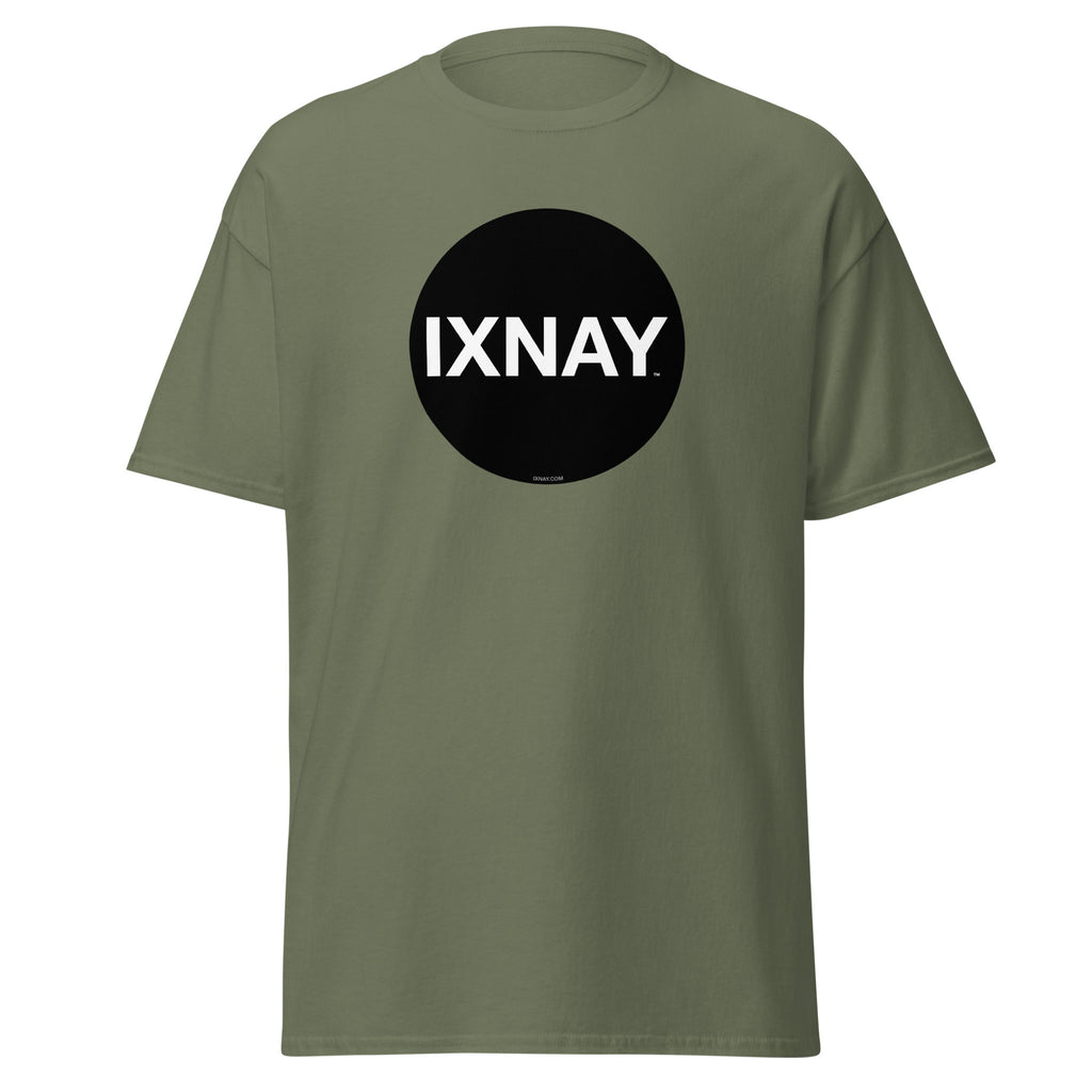 A product shot of a green t-shirt in olive green, with a circular black logo that has the word 'IXNAY' in white.