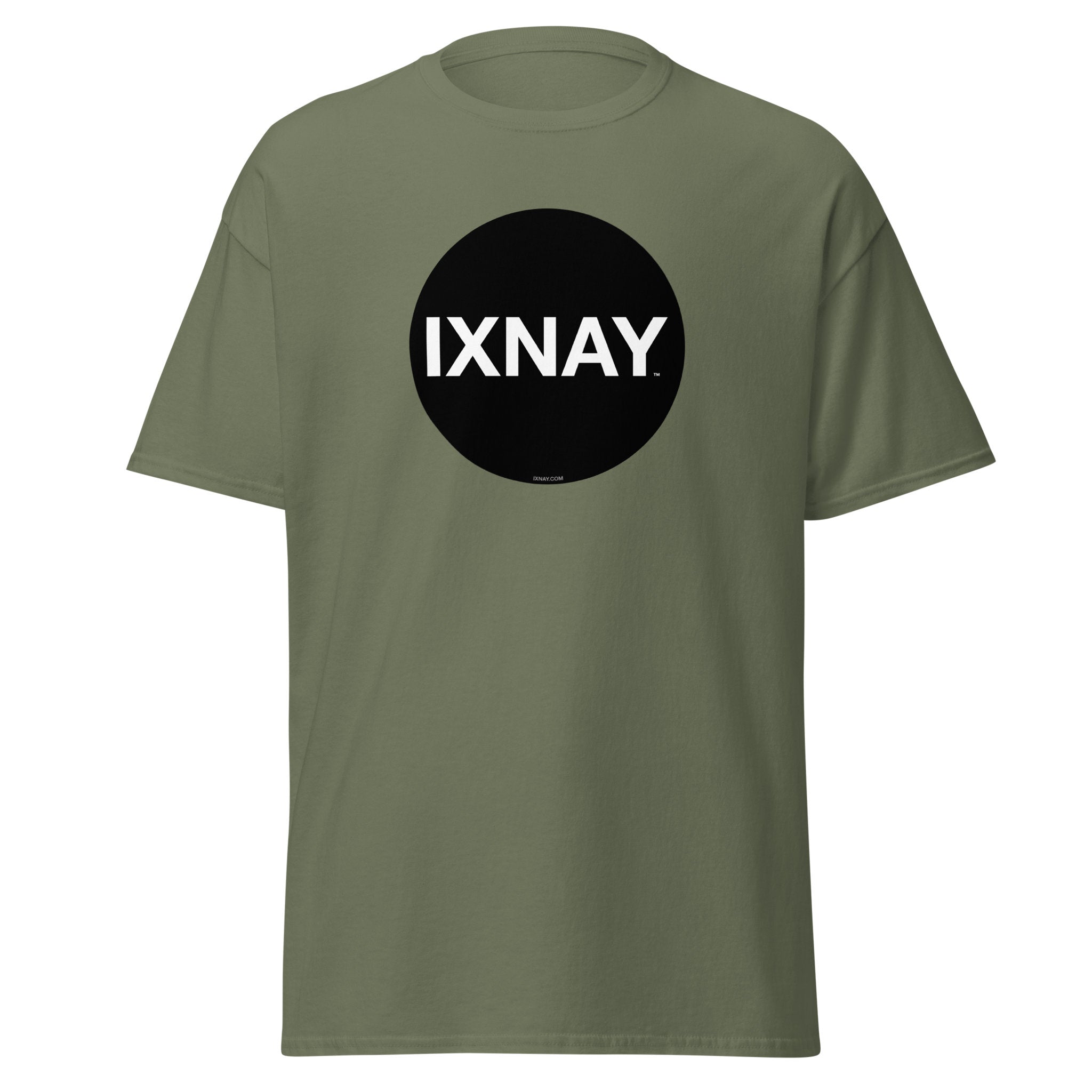 A product shot of a green t-shirt in olive green, with a circular black logo that has the word 'IXNAY' in white.