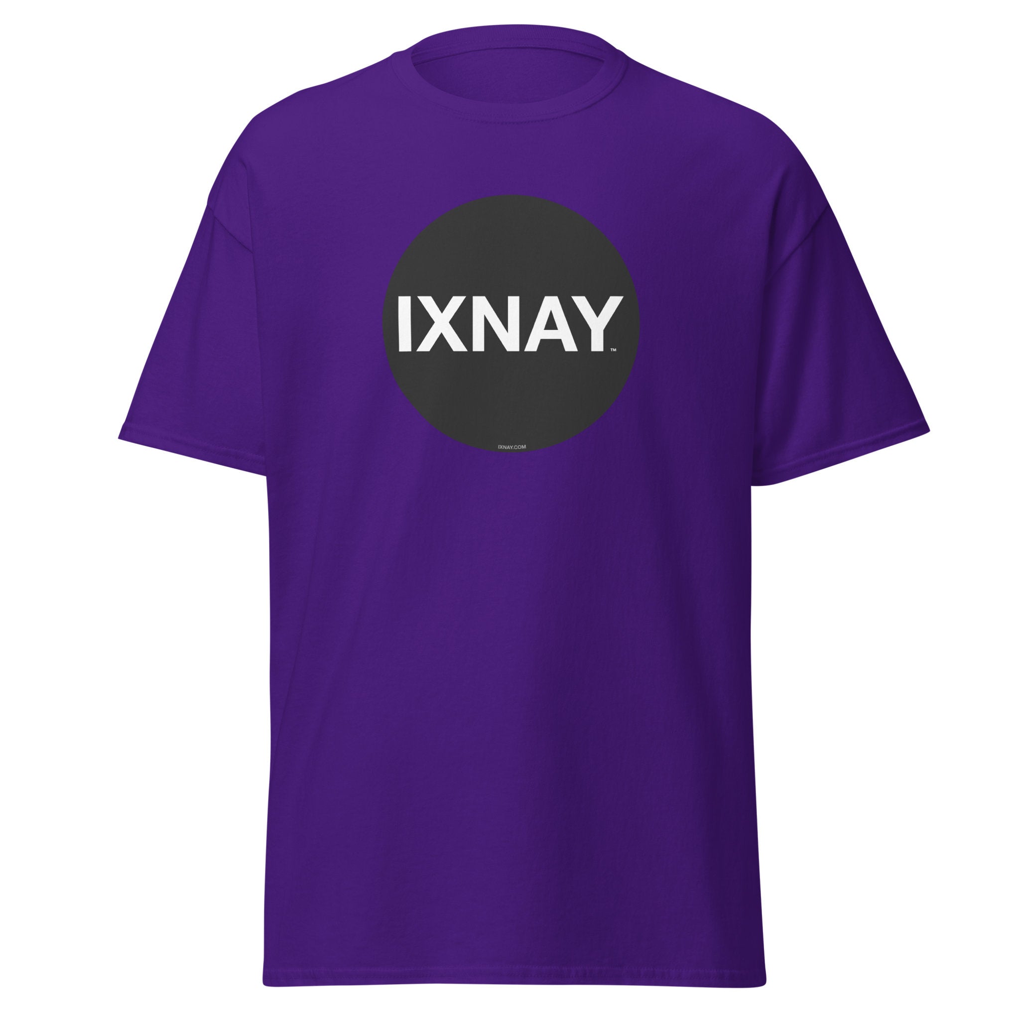 A product shot of a purple t-shirt, with a circular black logo that has the word 'IXNAY' in white.