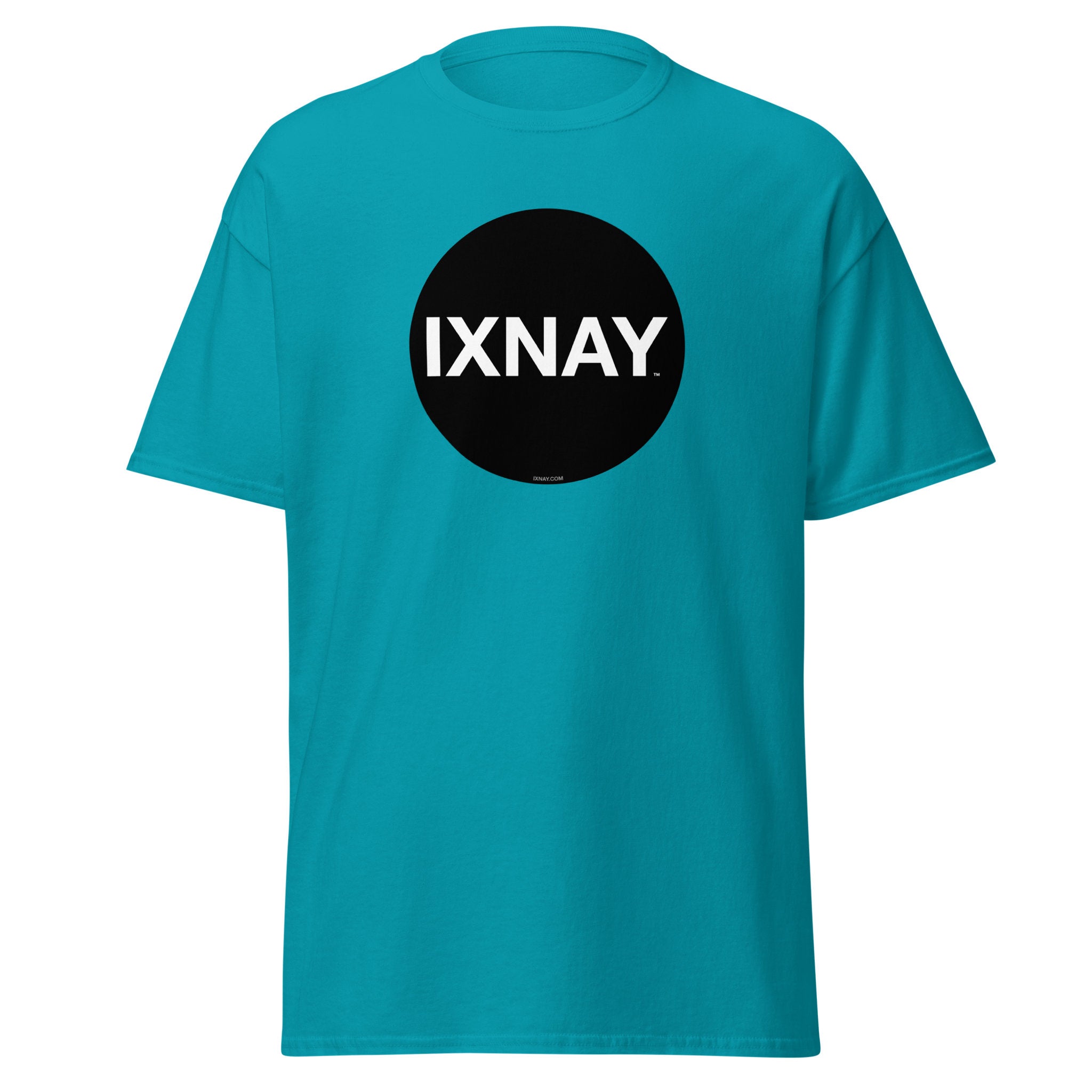 A product shot of a blue t-shirt in surf blue, with a circular black logo that has the word 'IXNAY' in white.