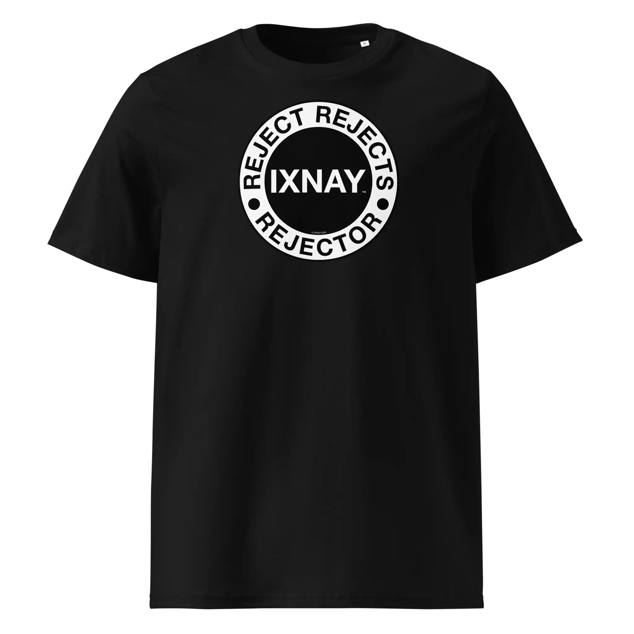 IXNAY men's black t-shirt with graphic reject rejects rejector printed on organic cotton.