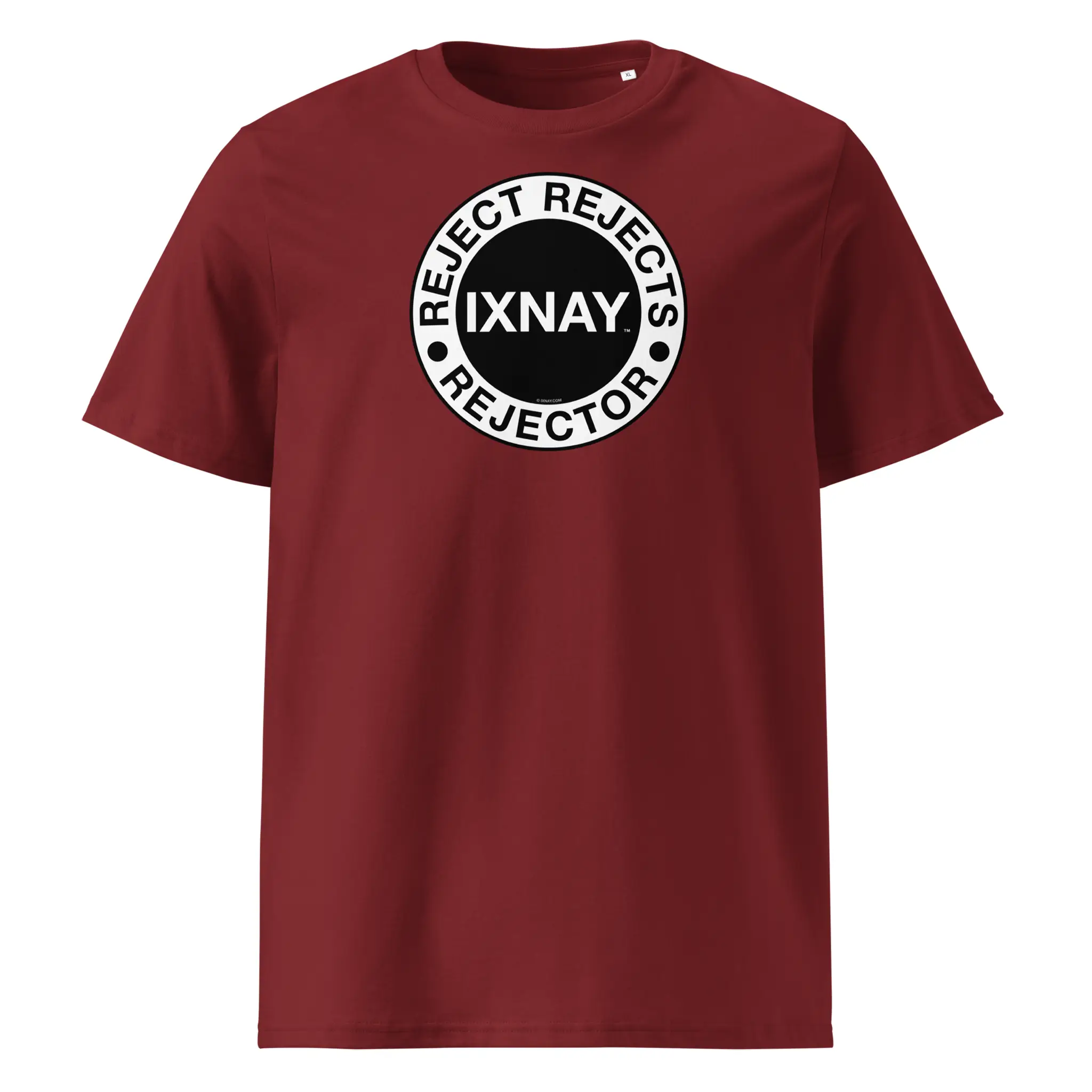 IXNAY men's burgundy red t-shirt with graphic reject rejects rejector printed on organic cotton.