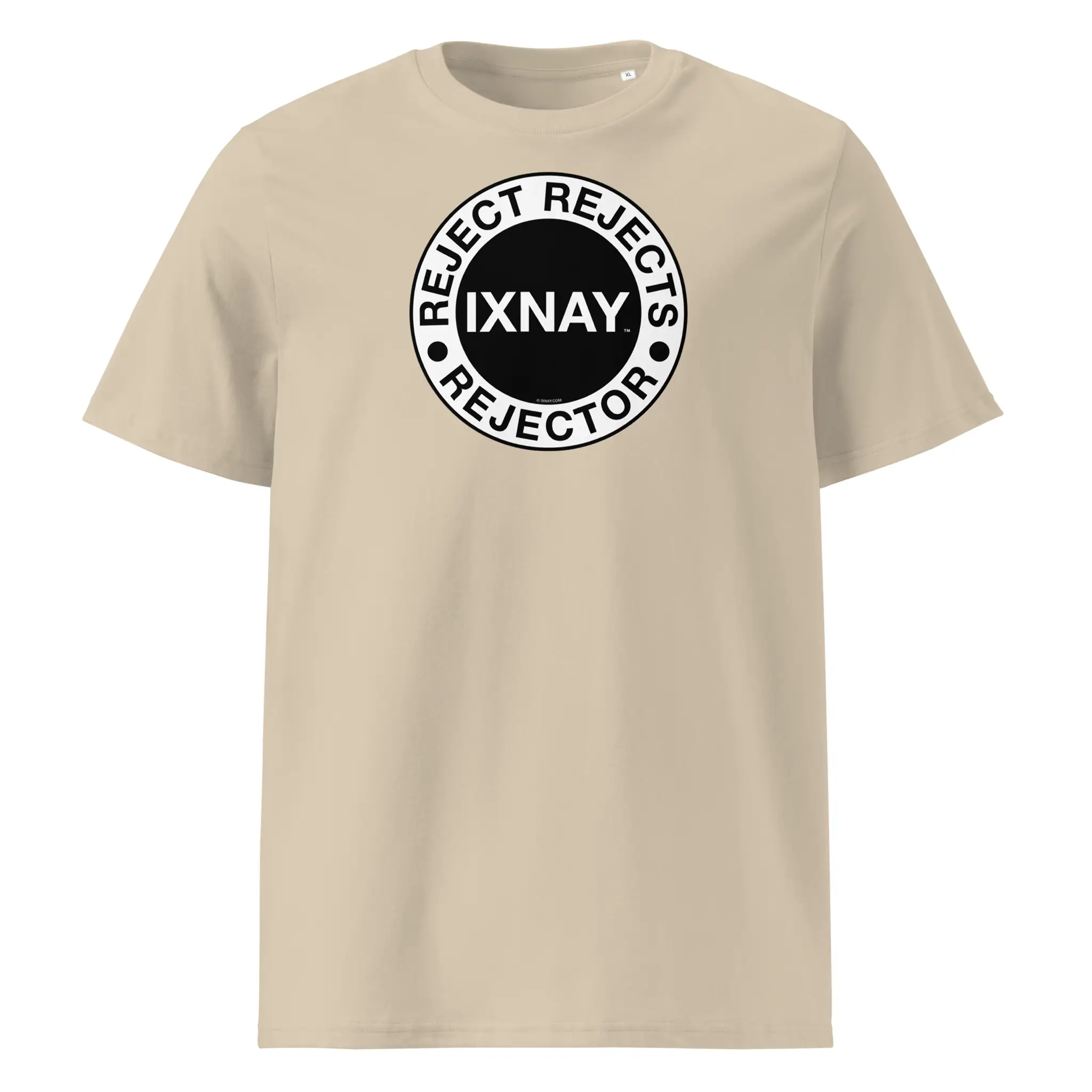 IXNAY men's desert dust light beige t-shirt with graphic reject rejects rejector printed on organic cotton.