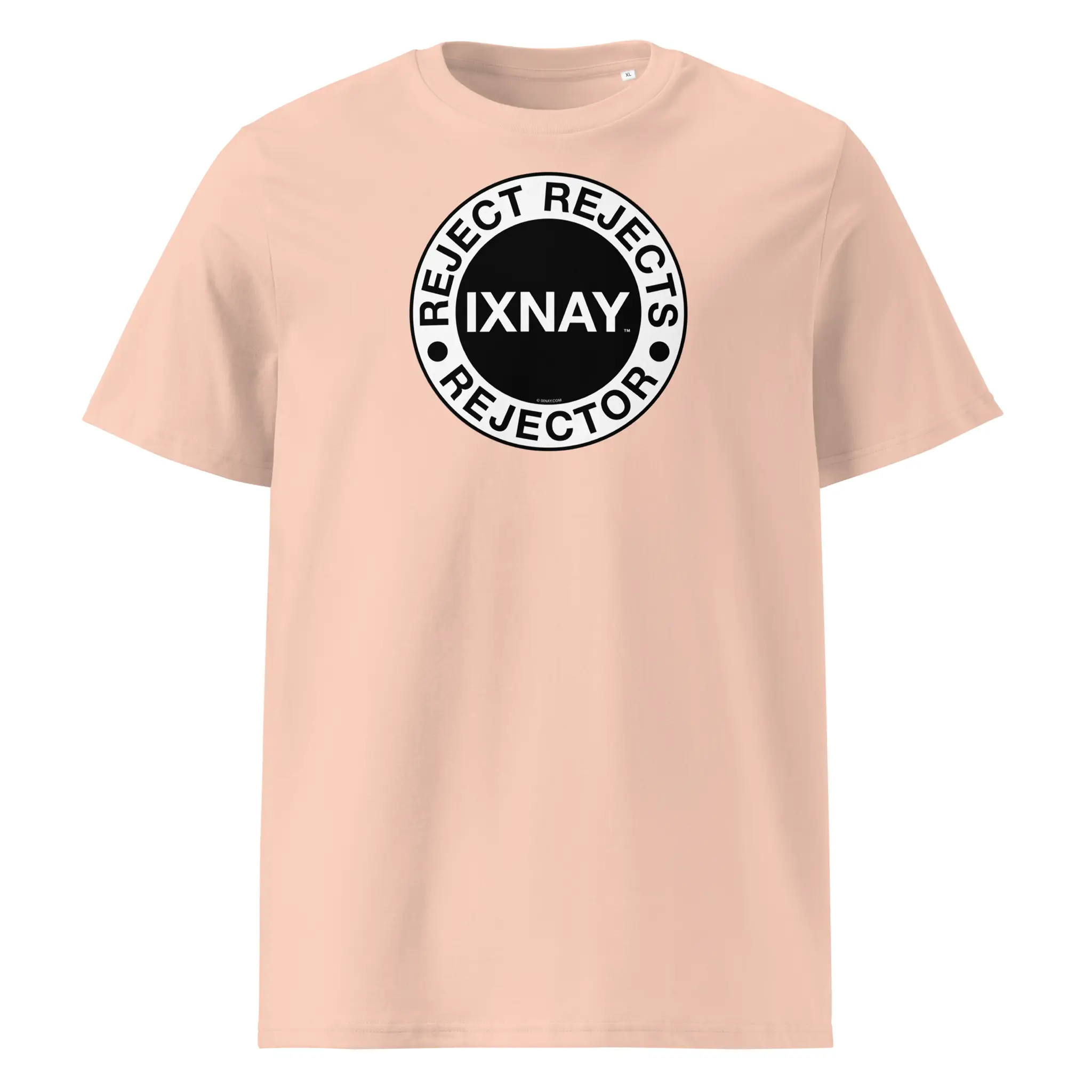 IXNAY men's fraiche-peche peach pink t-shirt with graphic reject rejects rejector printed on organic cotton.