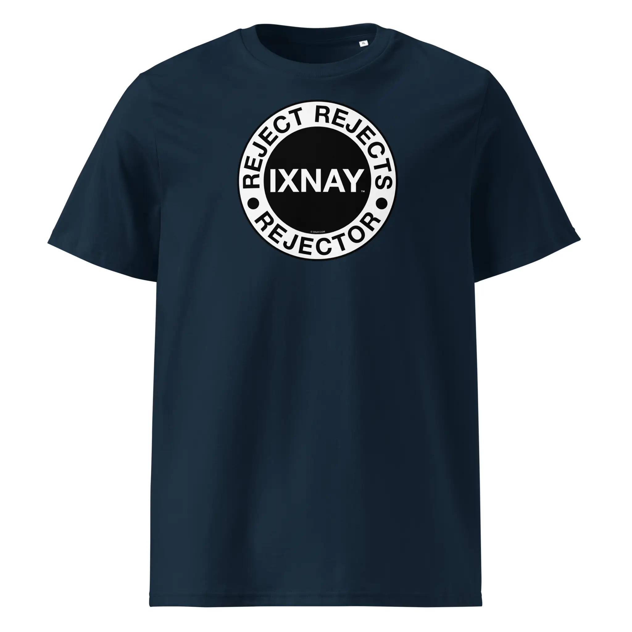 IXNAY men's french navy blue t-shirt with graphic reject rejects rejector printed on organic cotton.