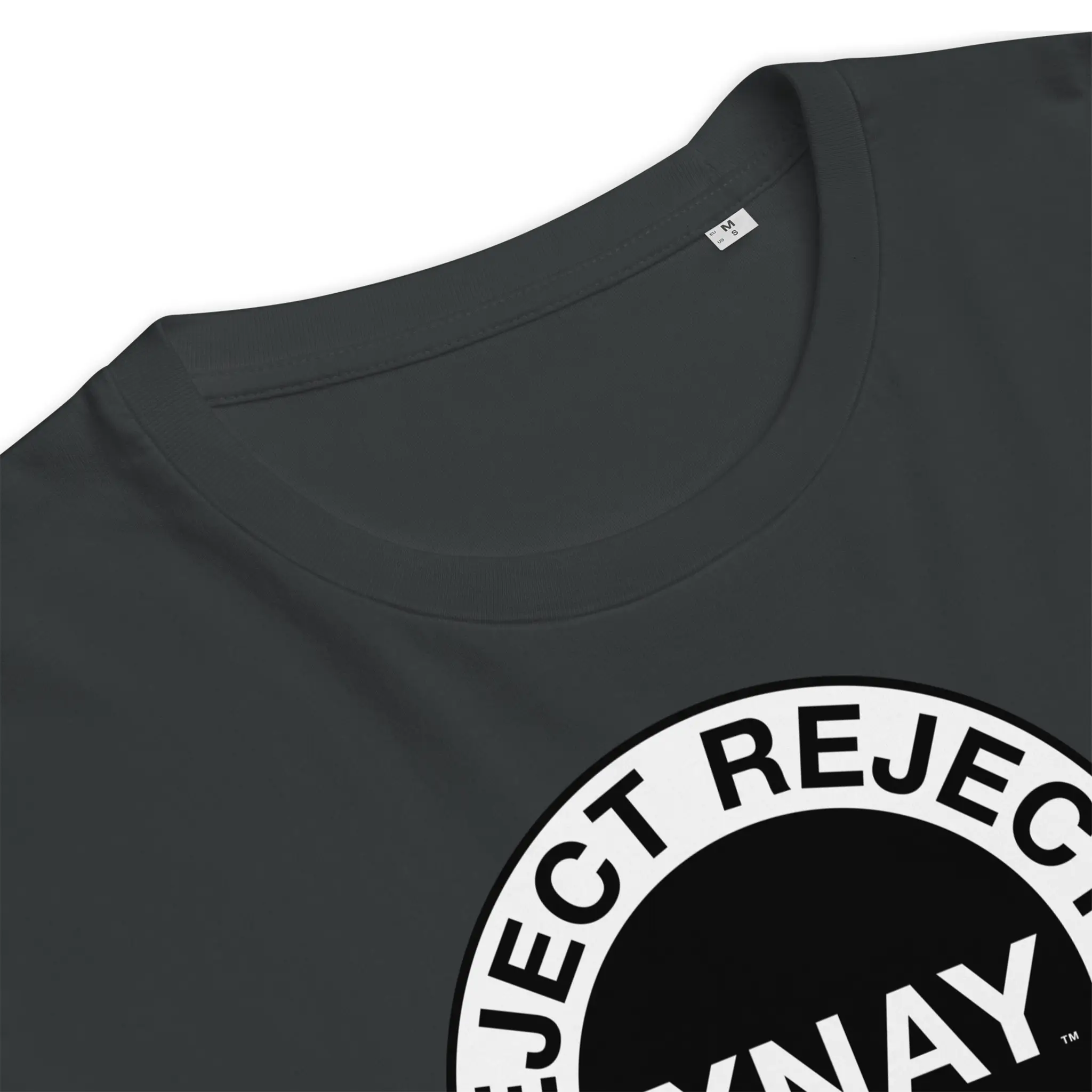 IXNAY men's India ink gray t-shirt with graphic reject rejects rejector printed on organic cotton, detail image.