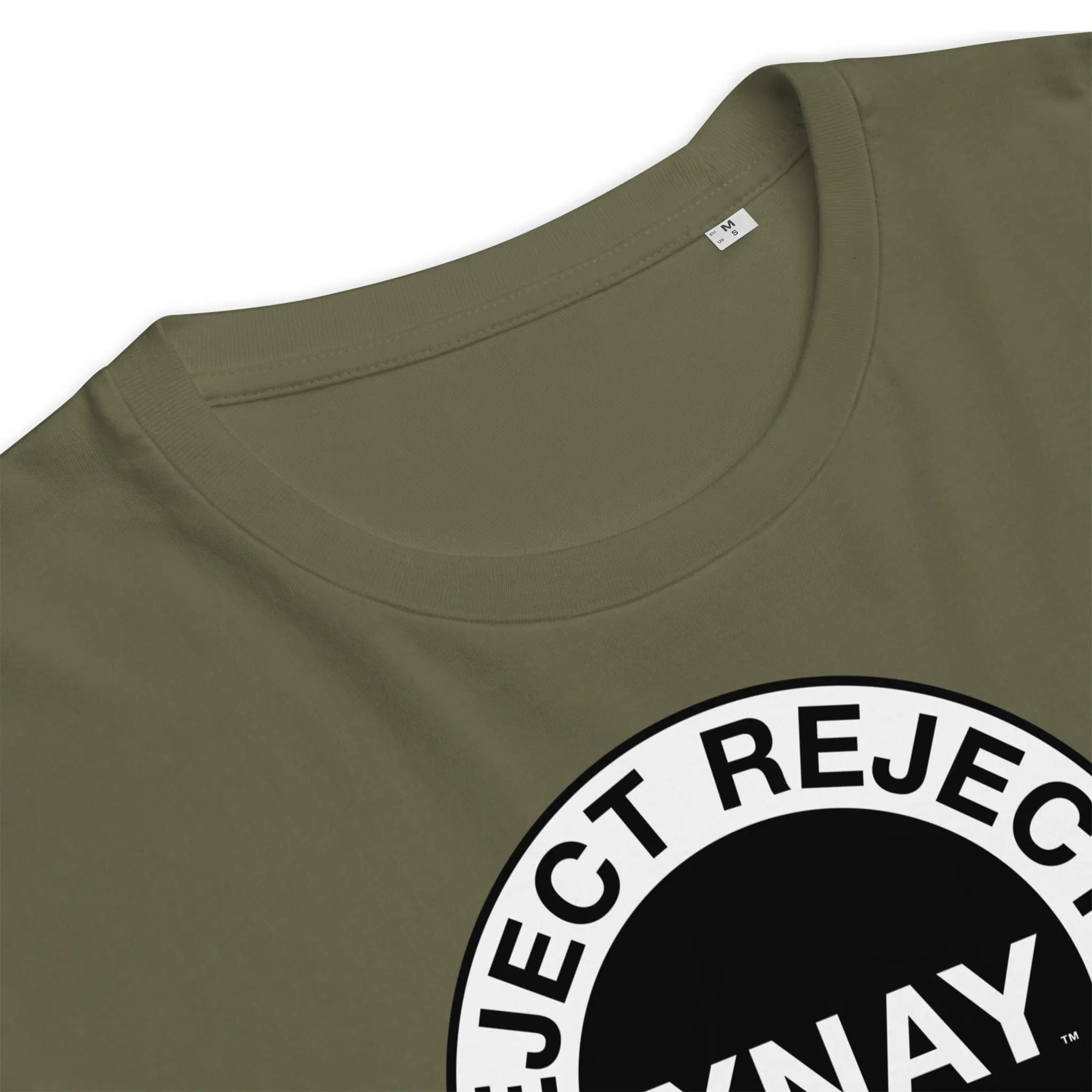 IXNAY men's khaki green t-shirt with graphic reject rejects rejector printed on organic cotton, detail image.