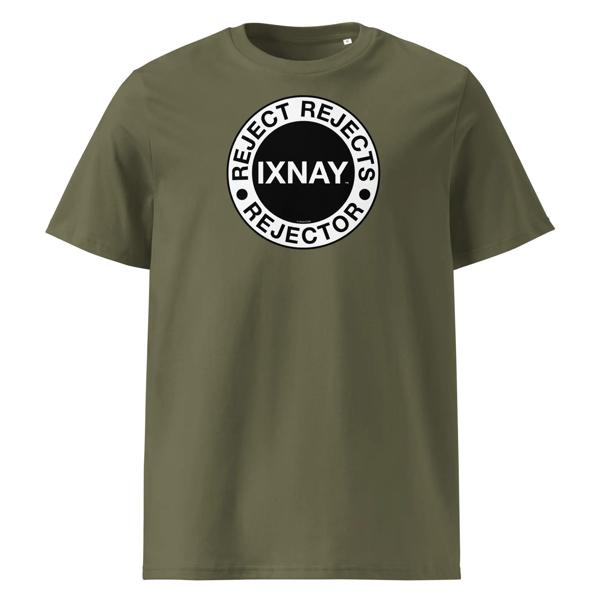 IXNAY men's khaki green t-shirt with graphic reject rejects rejector printed on organic cotton.