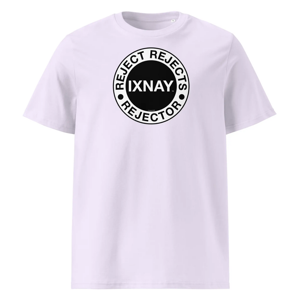 IXNAY men's lavendar purple t-shirt with graphic reject rejects rejector printed on organic cotton.