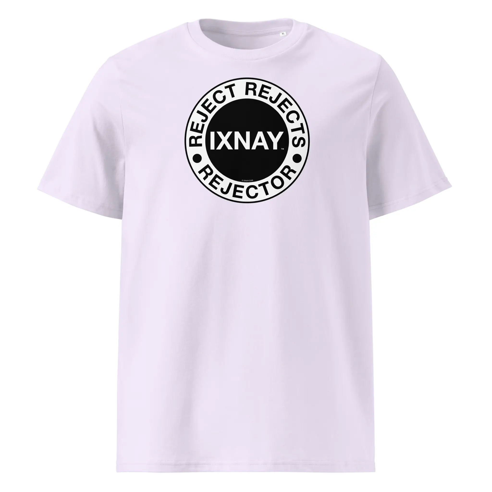IXNAY men's lavendar purple t-shirt with graphic reject rejects rejector printed on organic cotton.
