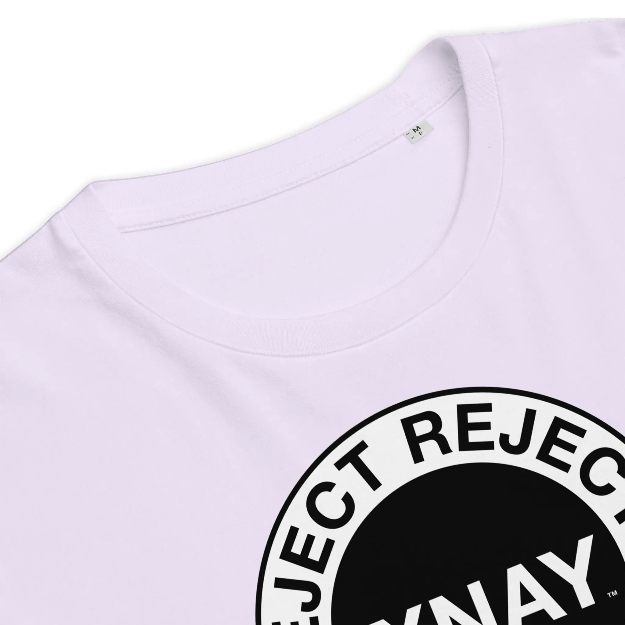 IXNAY men's lavender purple t-shirt with graphic reject rejects rejector printed on organic cotton, detail image.