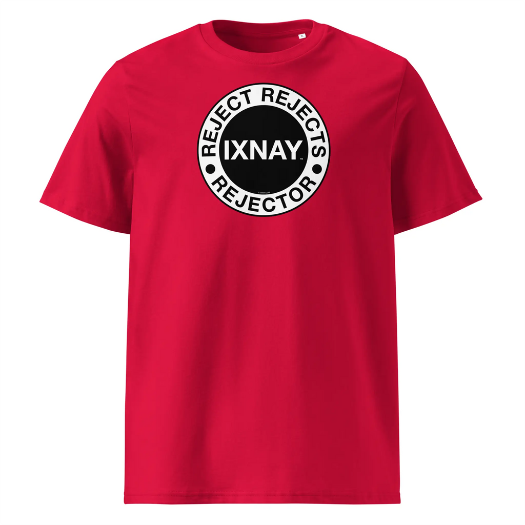 IXNAY men's red t-shirt with graphic reject rejects rejector printed on organic cotton.