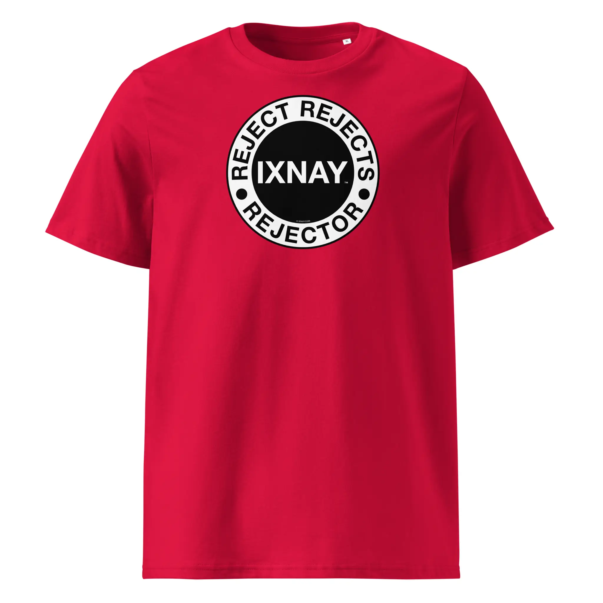 IXNAY men's red t-shirt with graphic reject rejects rejector printed on organic cotton.