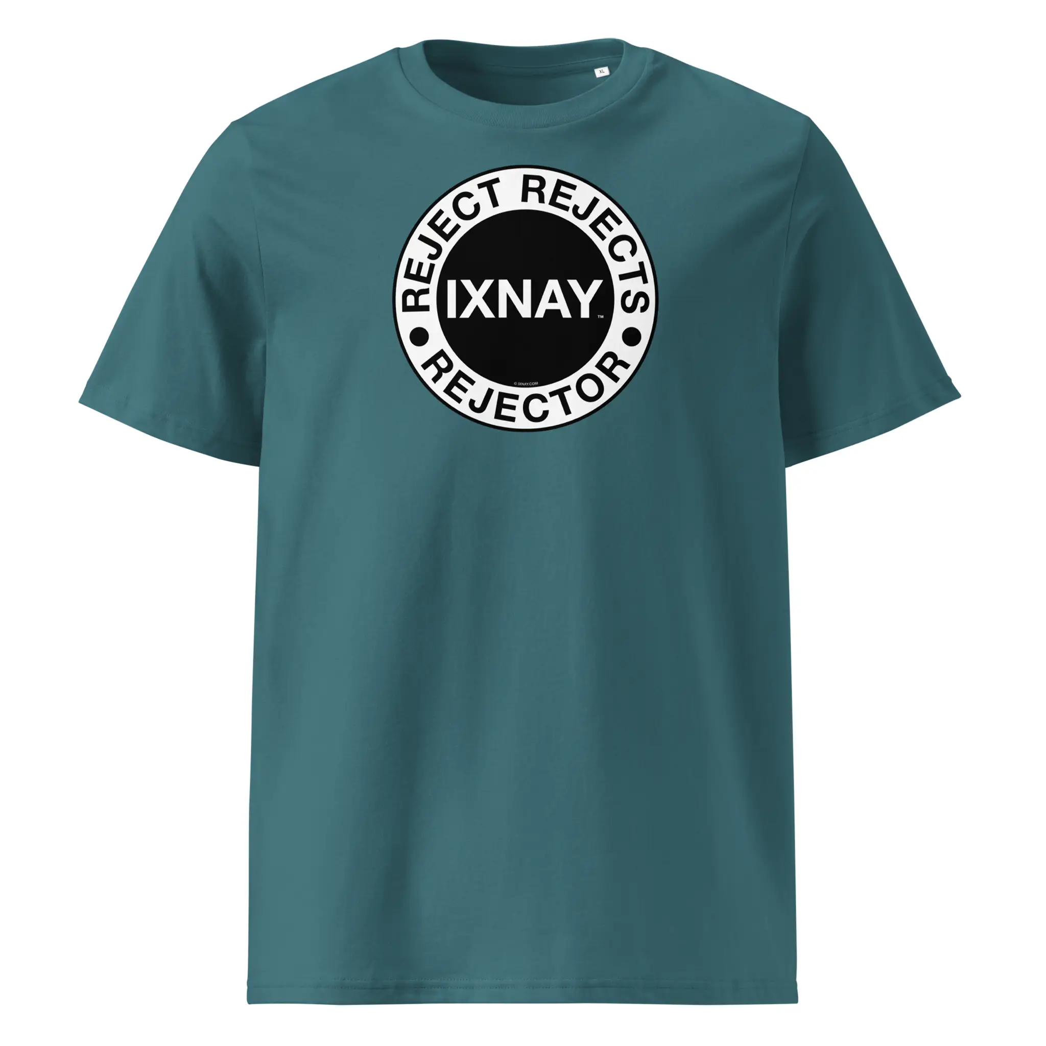 IXNAY men's stargazer teal blue t-shirt with graphic reject rejects rejector printed on organic cotton.
