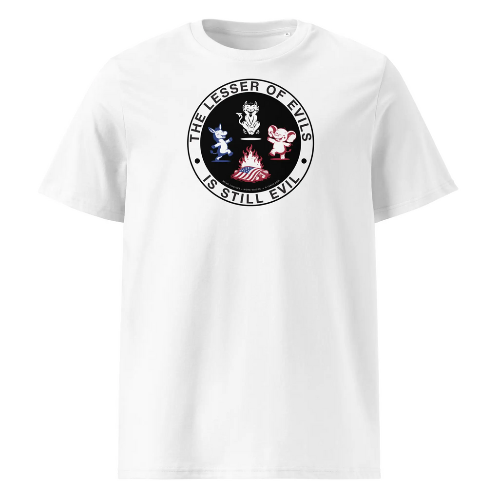IXNAY men's white blue t-shirt with graphic lesser of evils is still evil printed on organic cotton.