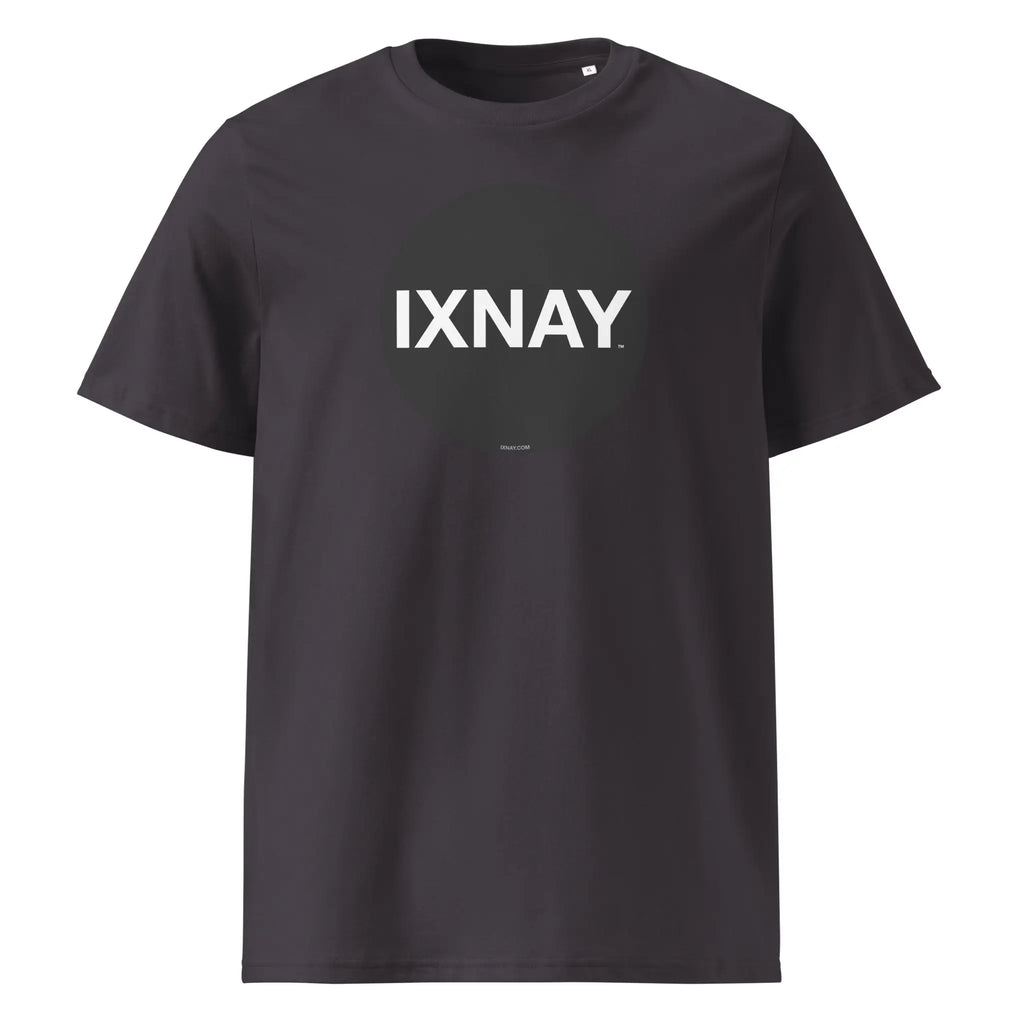 Anthracite black t-shirt with circular 'IXNAY' logo printed on organic cotton.