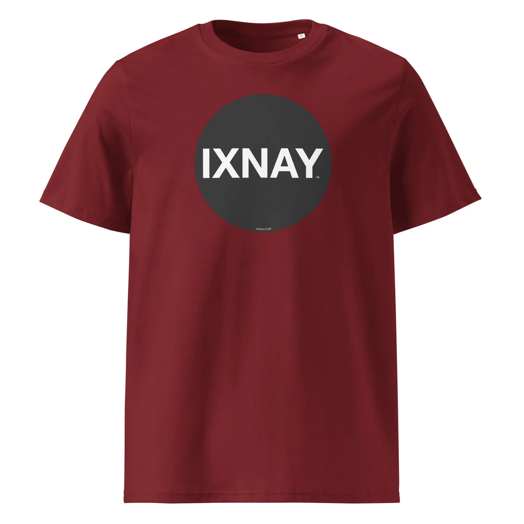 Maroon red t-shirt with circular 'IXNAY' logo printed on organic cotton.