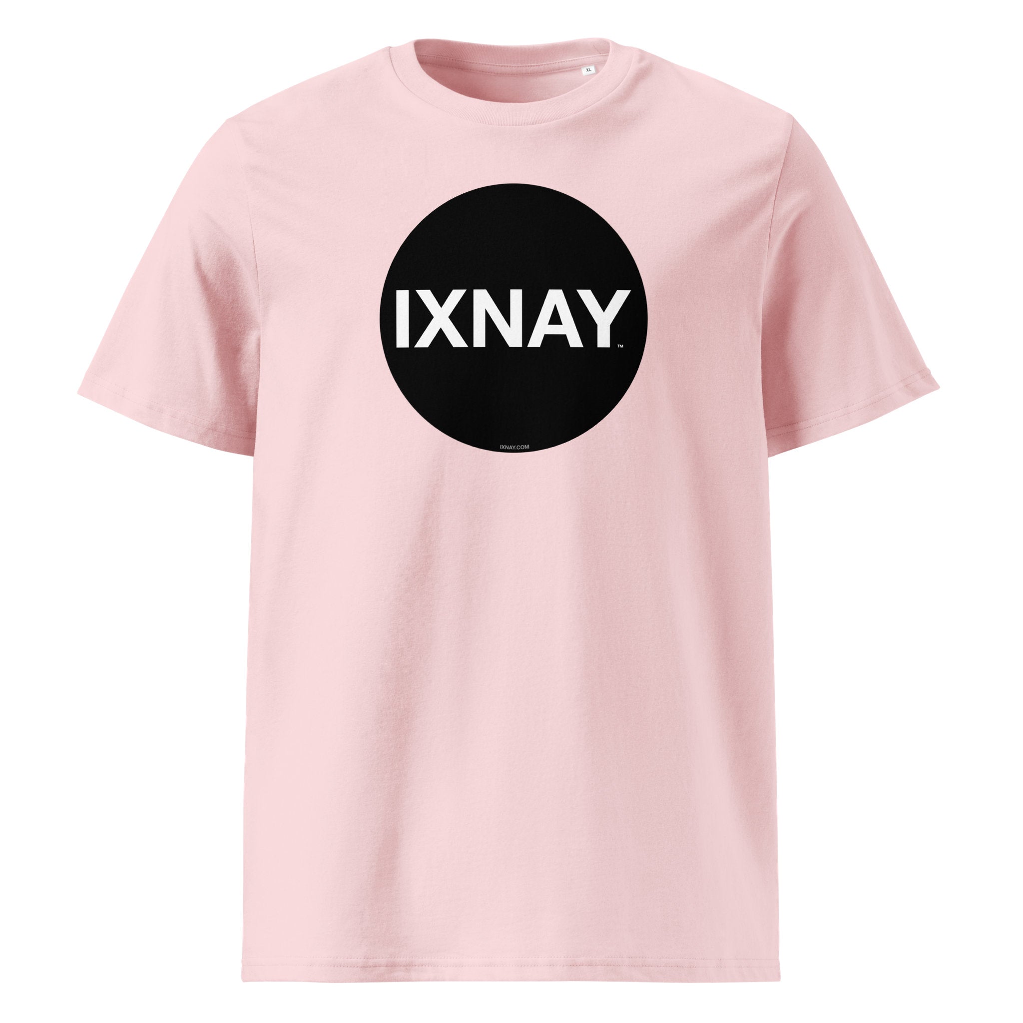 Pink t-shirt with a black circle and 'IXNAY' text on a white background