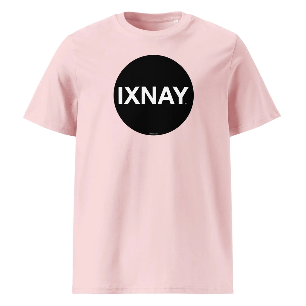 Pink t-shirt with circular 'IXNAY' logo printed on organic cotton.