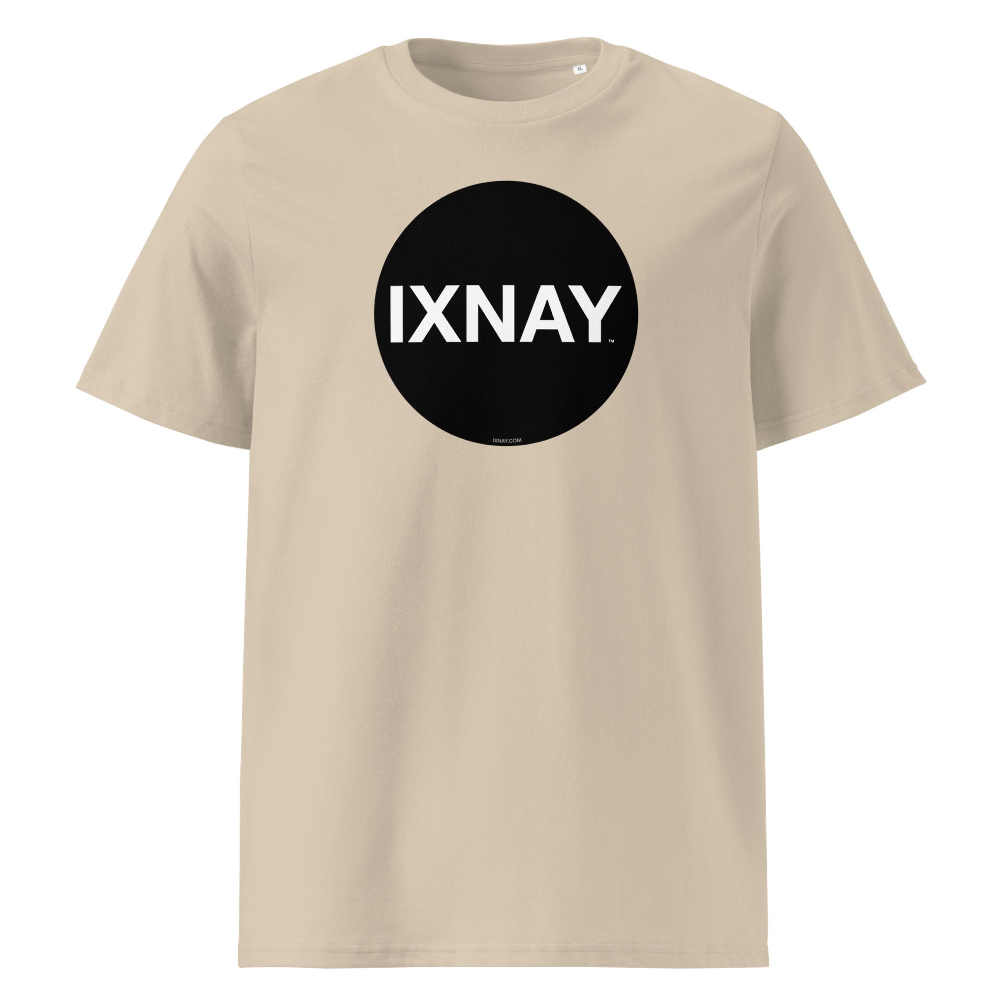 Beige t-shirt with a black circle and 'IXNAY' text on a white background