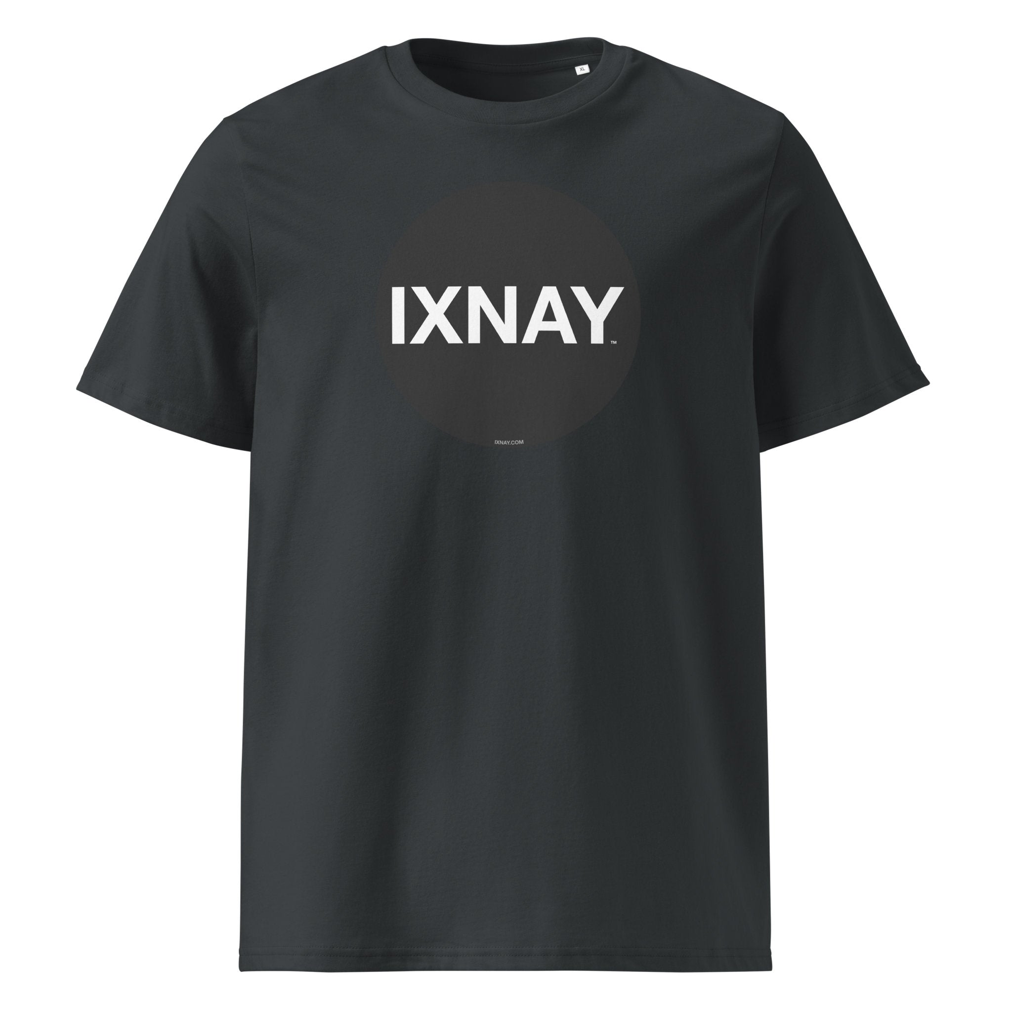 Deep 'India ink' Black t-shirt with 'IXNAY' logo on a white background