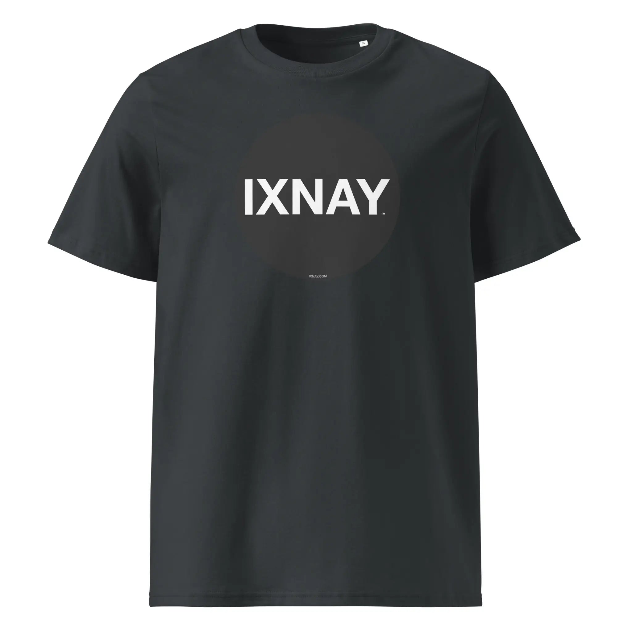 India ink black t-shirt with black circle 'IXNAY' logo printed on organic cotton.