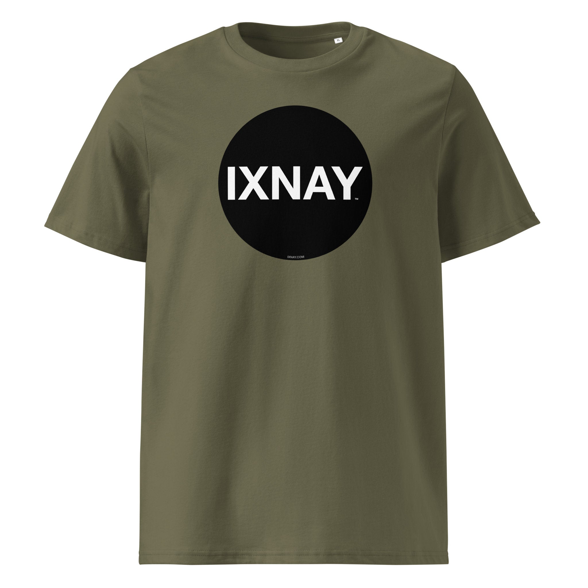 Green t-shirt with a black circle and 'IXNAY' text on a white background