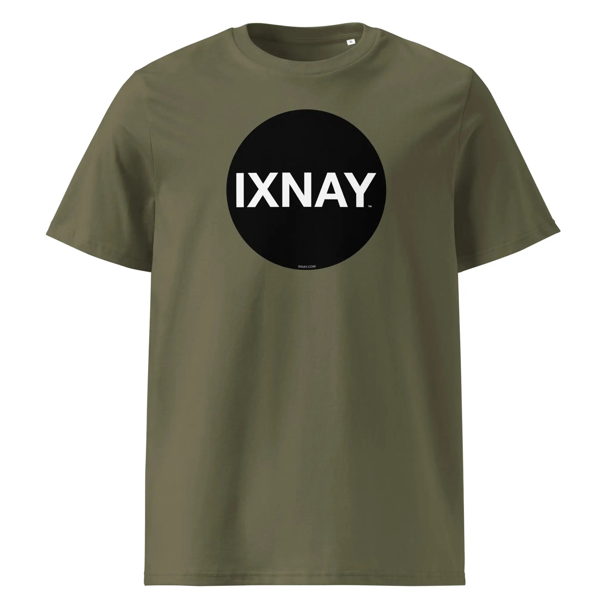 Olive khaki green t-shirt with black circle 'IXNAY' logo printed on organic cotton.