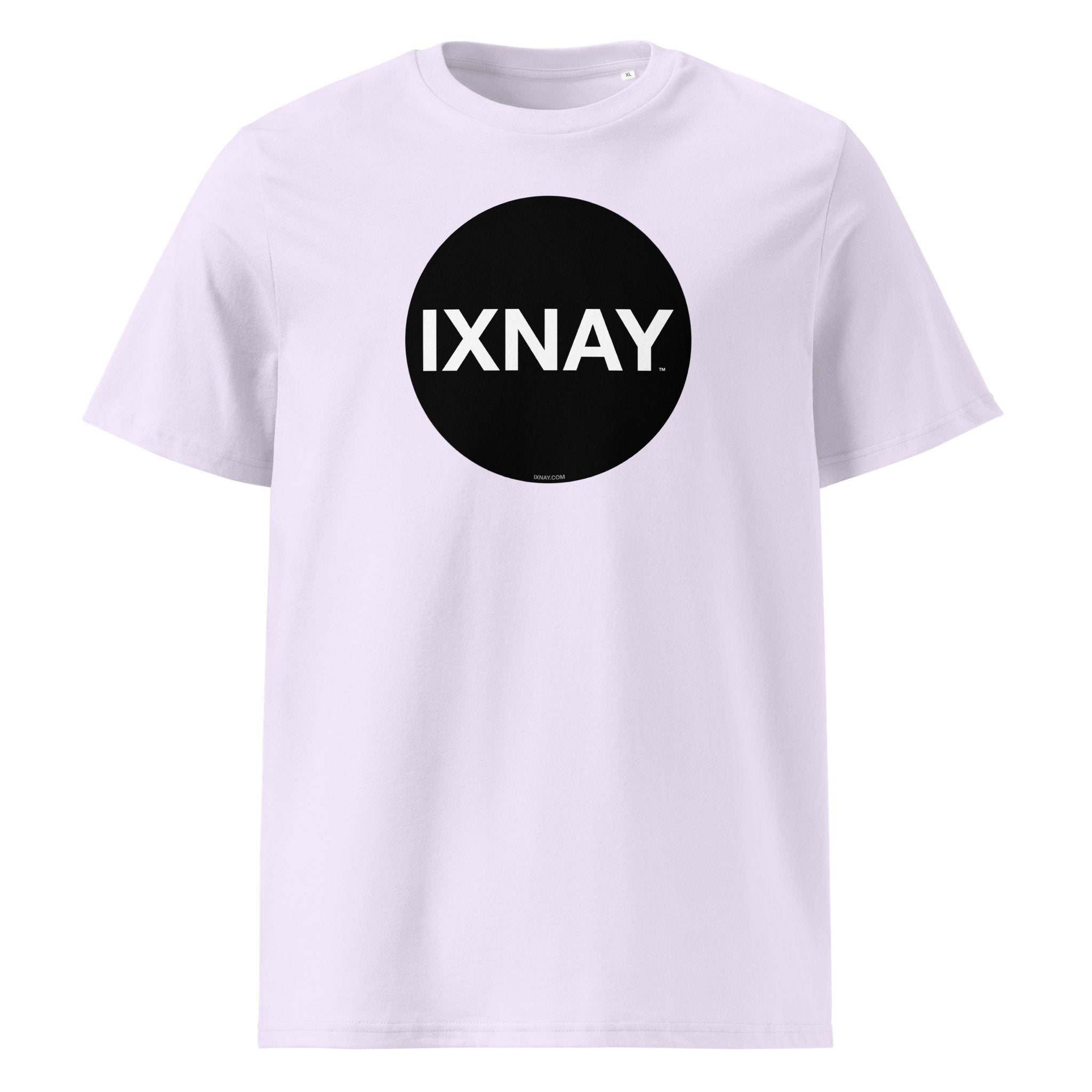 Lavender t-shirt with a black circle and 'IXNAY' text on a white background