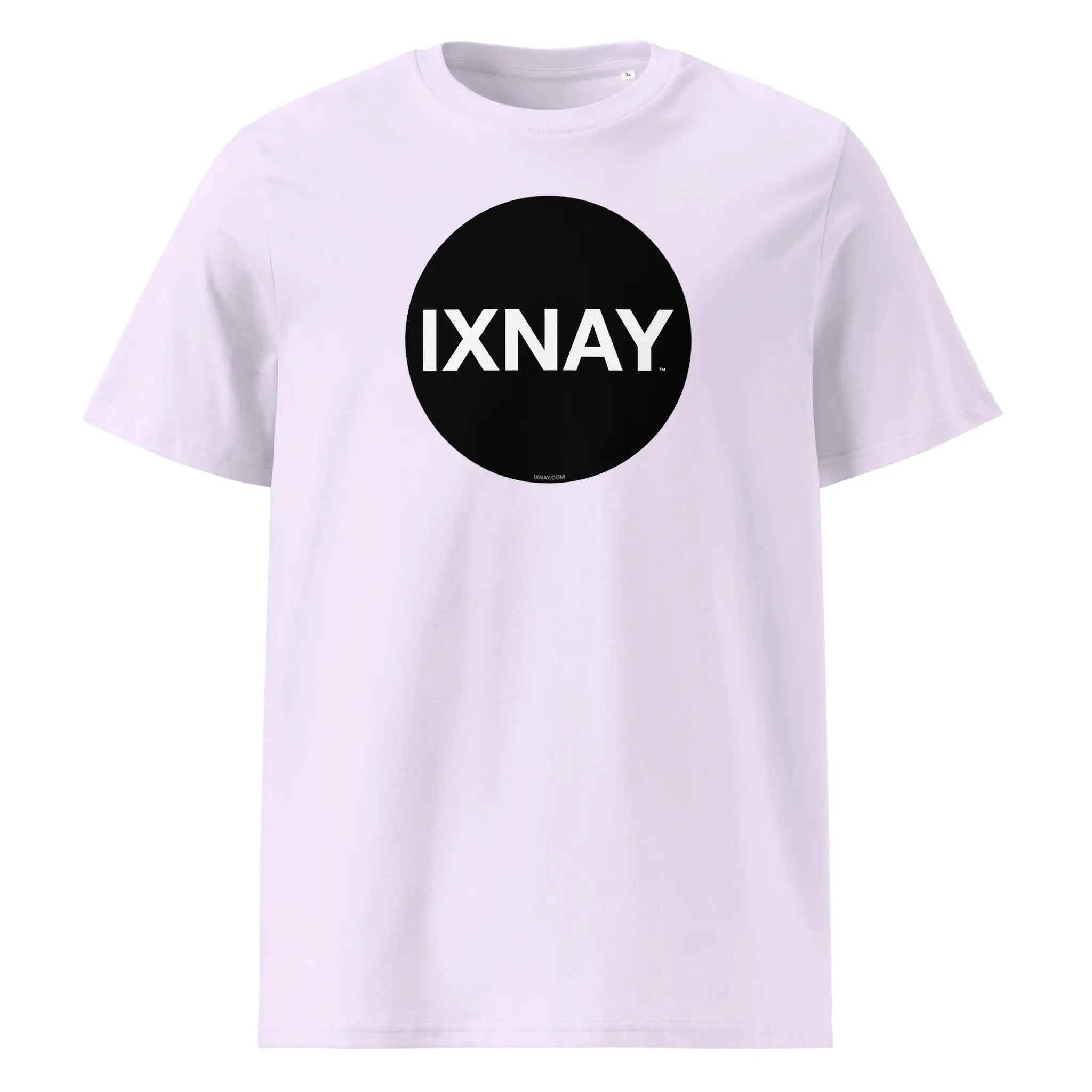 Lavender purple t-shirt with black circle 'IXNAY' logo printed on organic cotton.