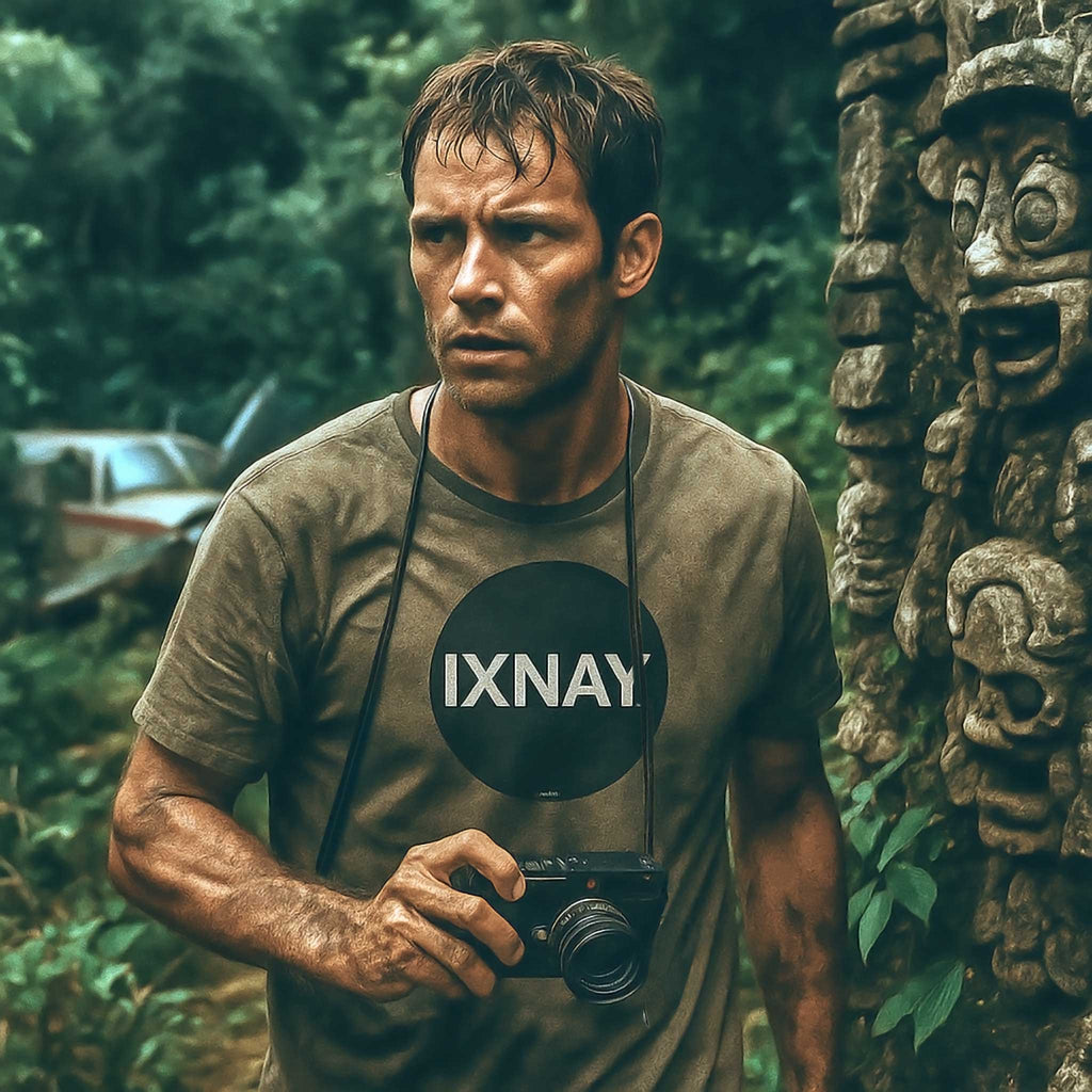 Man holding a camera with 'IXNAY' logo in a jungle setting